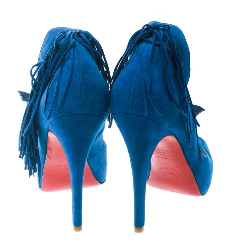 Christian Louboutin Cobalt Blue Suede Tina Fringe Detail Ankle Strap Peep Toe Pumps Size 37