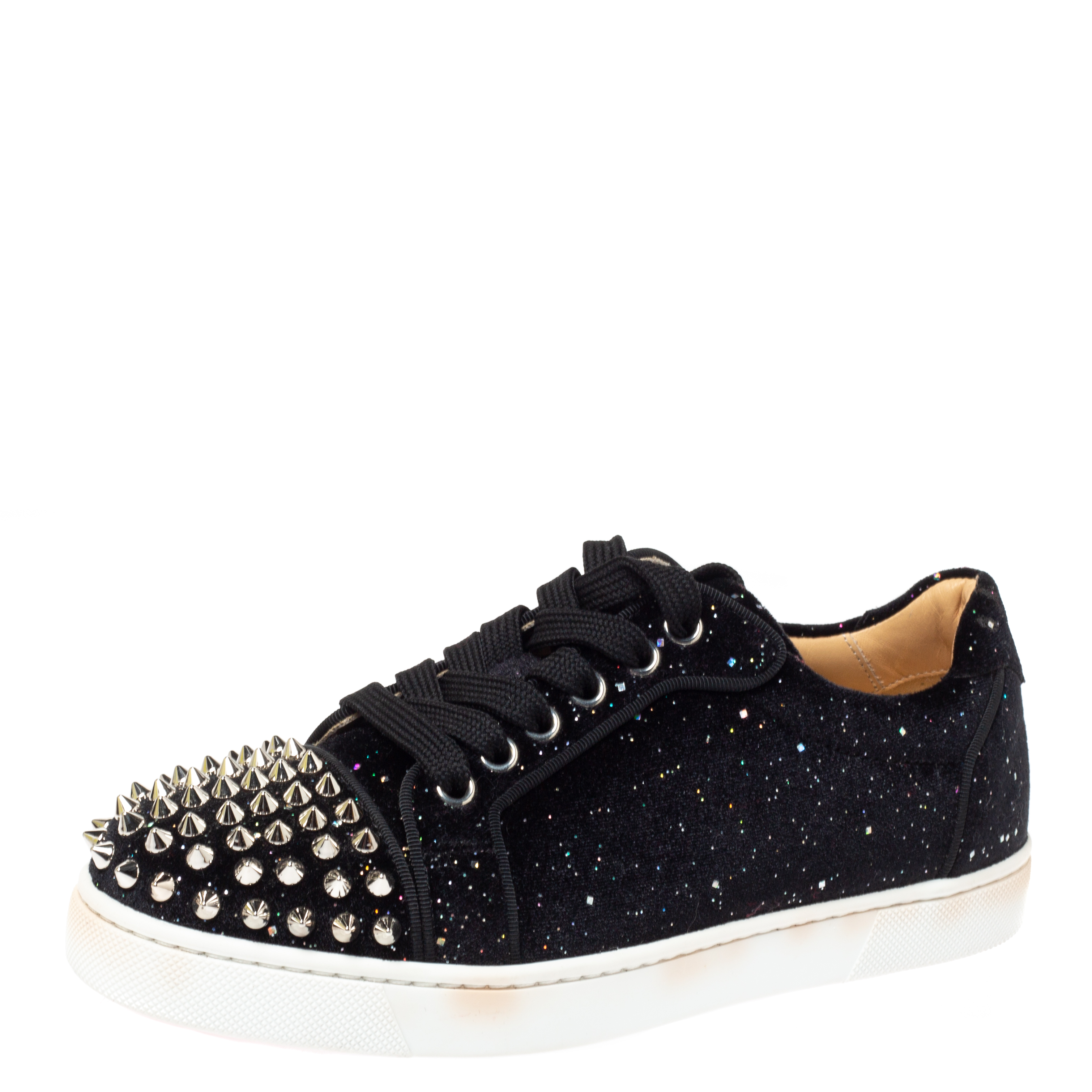Image of Christian Louboutin Black Glitter Suede Louis Junior Spikes Low Top Sneakers Size