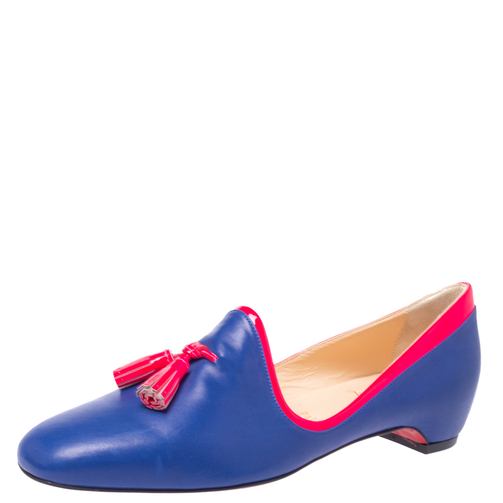 Image of Christian Louboutin Blue/Neon Pink Leather Lady Moc Tassel Smoking Slippers Size