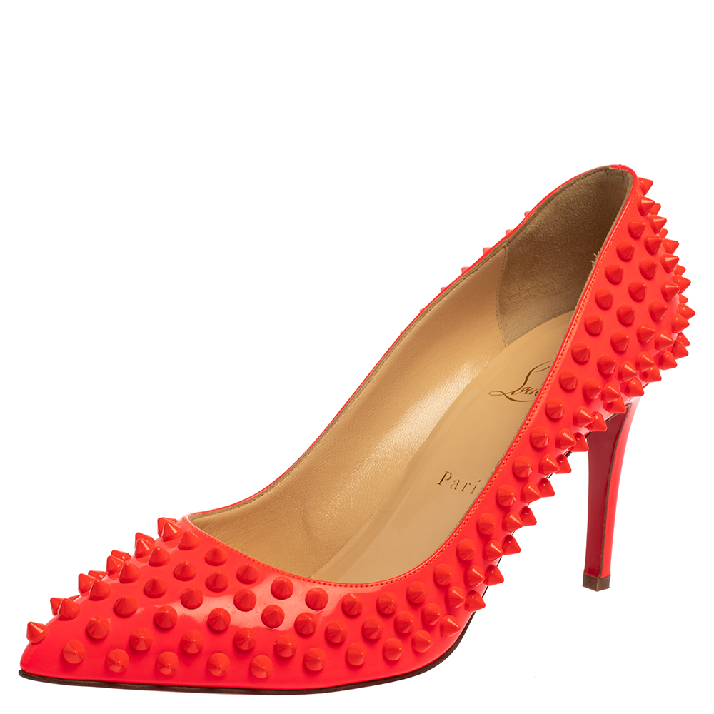 Christian Louboutin Orange Patent Leather Pigalle Spike Pumps Size 39.5