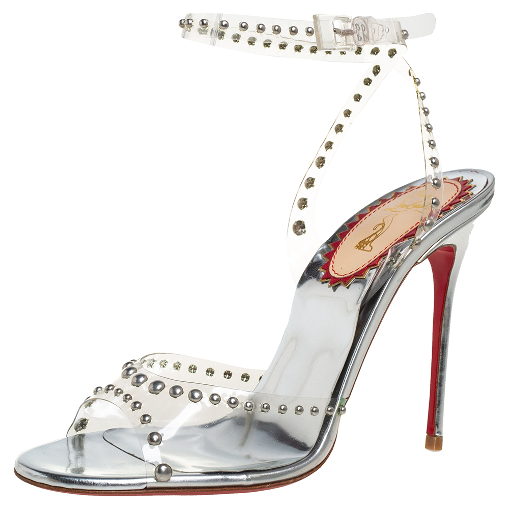 Christian Louboutin Silver Leather And PVC Ankle Strap Sandals Size 38.5