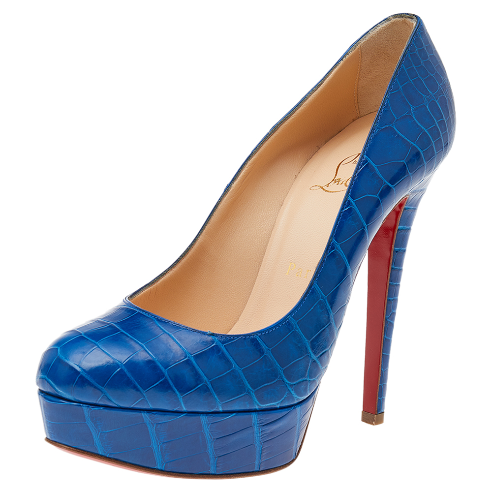 Christian louboutin blue crocodile leather bianca 140 platform pumps size 37