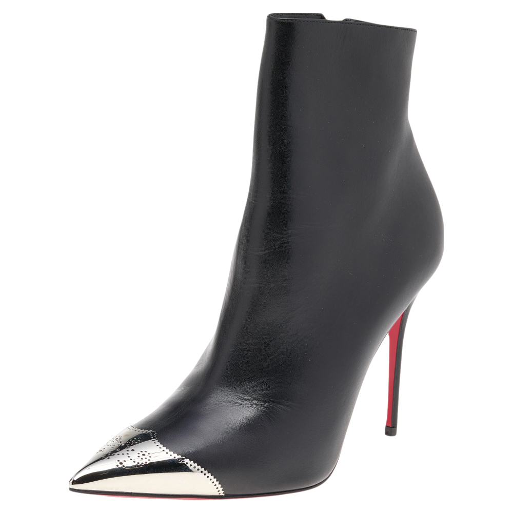 Christian Louboutin Black Leather Calamijane Pointed Toe Ankle Length Boots Size 37.5