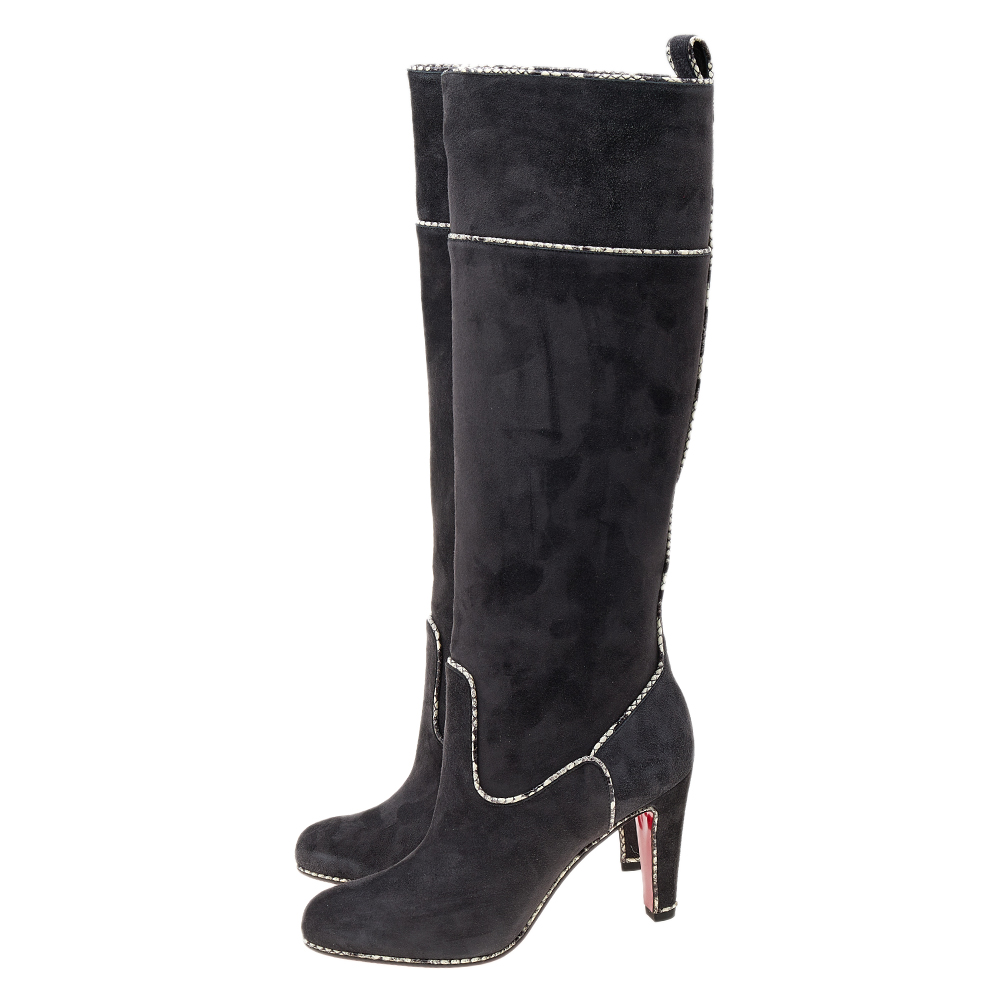 Christian Louboutin Dark Grey Suede And Snakeskin Trim Louloubotta Knee Length Boots Size 37