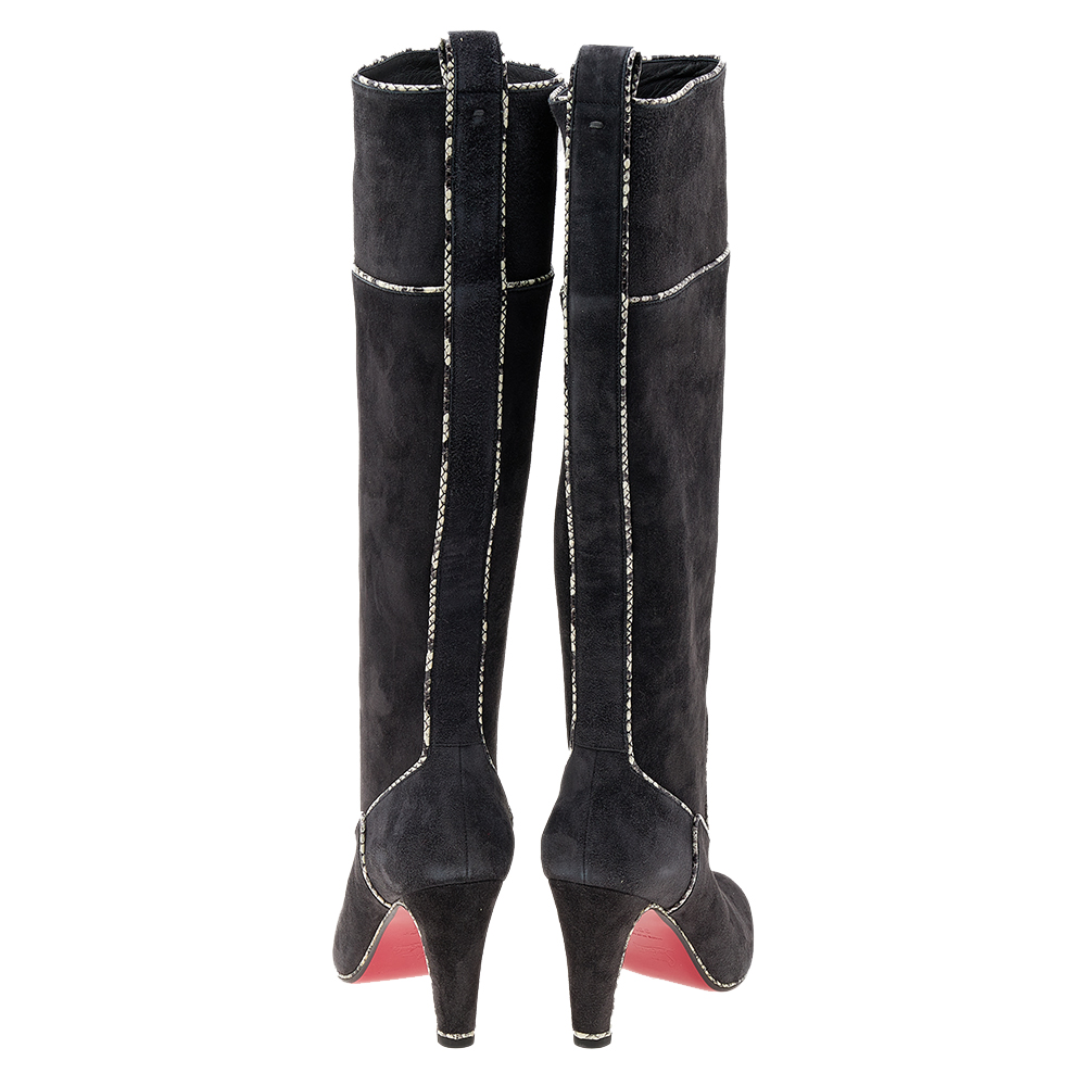 Christian Louboutin Dark Grey Suede And Snakeskin Trim Louloubotta Knee Length Boots Size 37