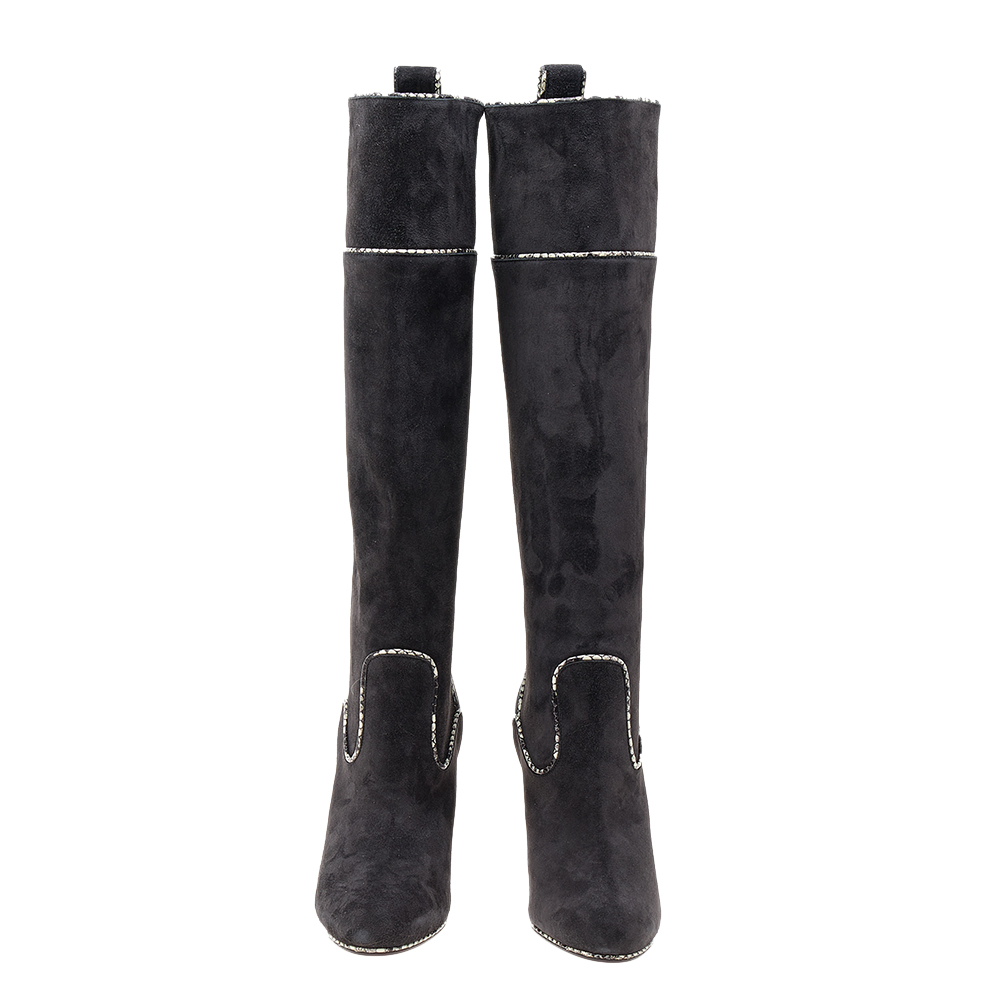 Christian Louboutin Dark Grey Suede And Snakeskin Trim Louloubotta Knee Length Boots Size 37.5