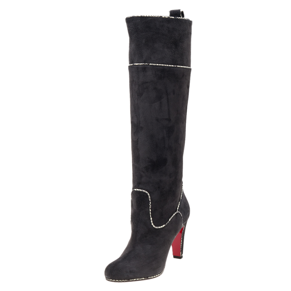 Christian louboutin dark grey suede and snakeskin trim louloubotta knee length boots size 37.5