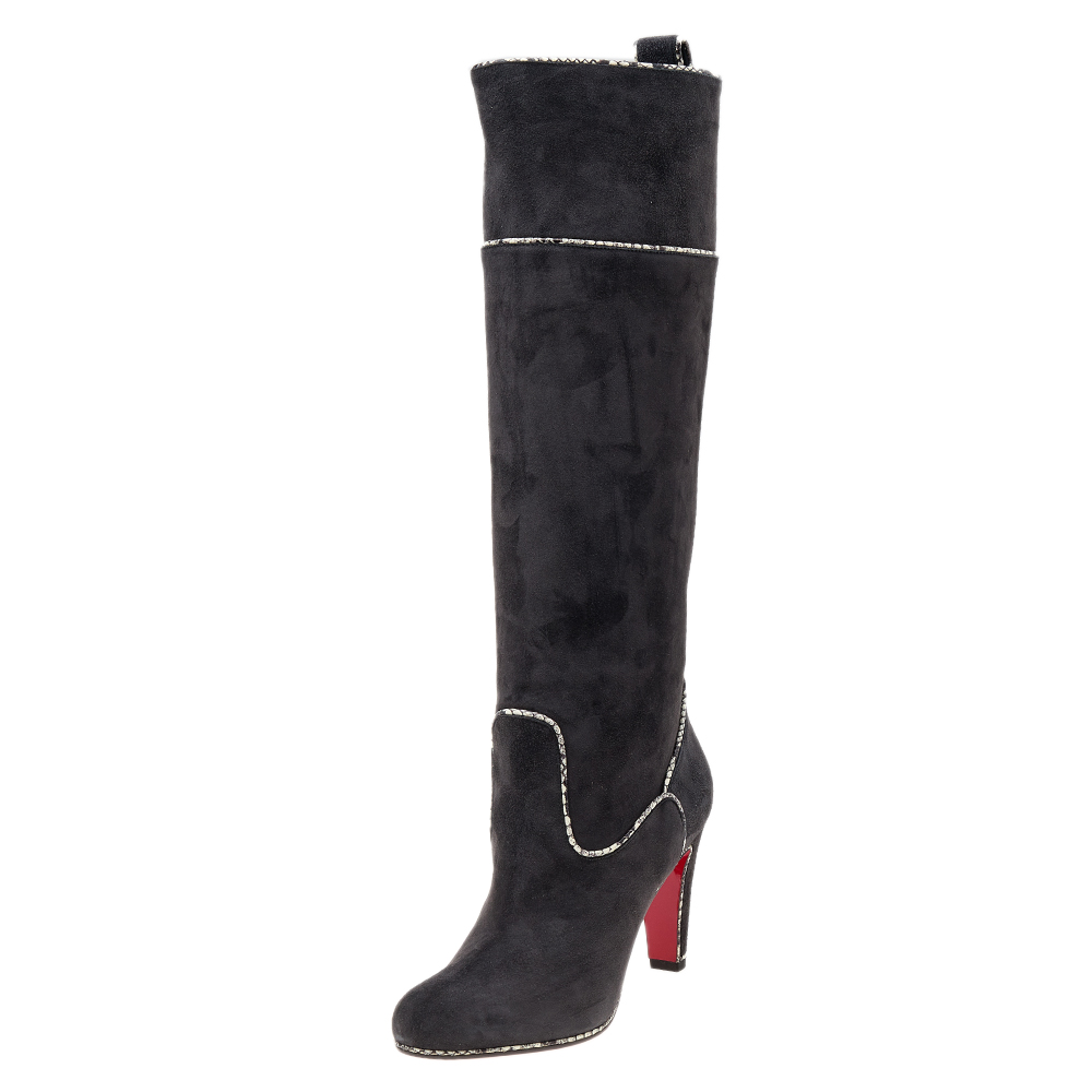 Christian louboutin dark grey suede and snakeskin trim louloubotta knee length boots size 36.5