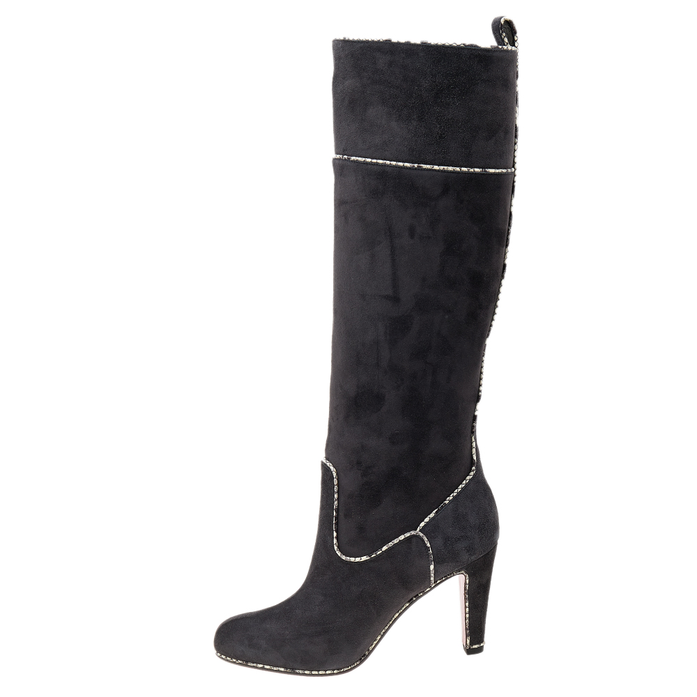 Christian Louboutin Dark Grey Suede And Snakeskin Trim Louloubotta Knee Length Boots Size 36.5