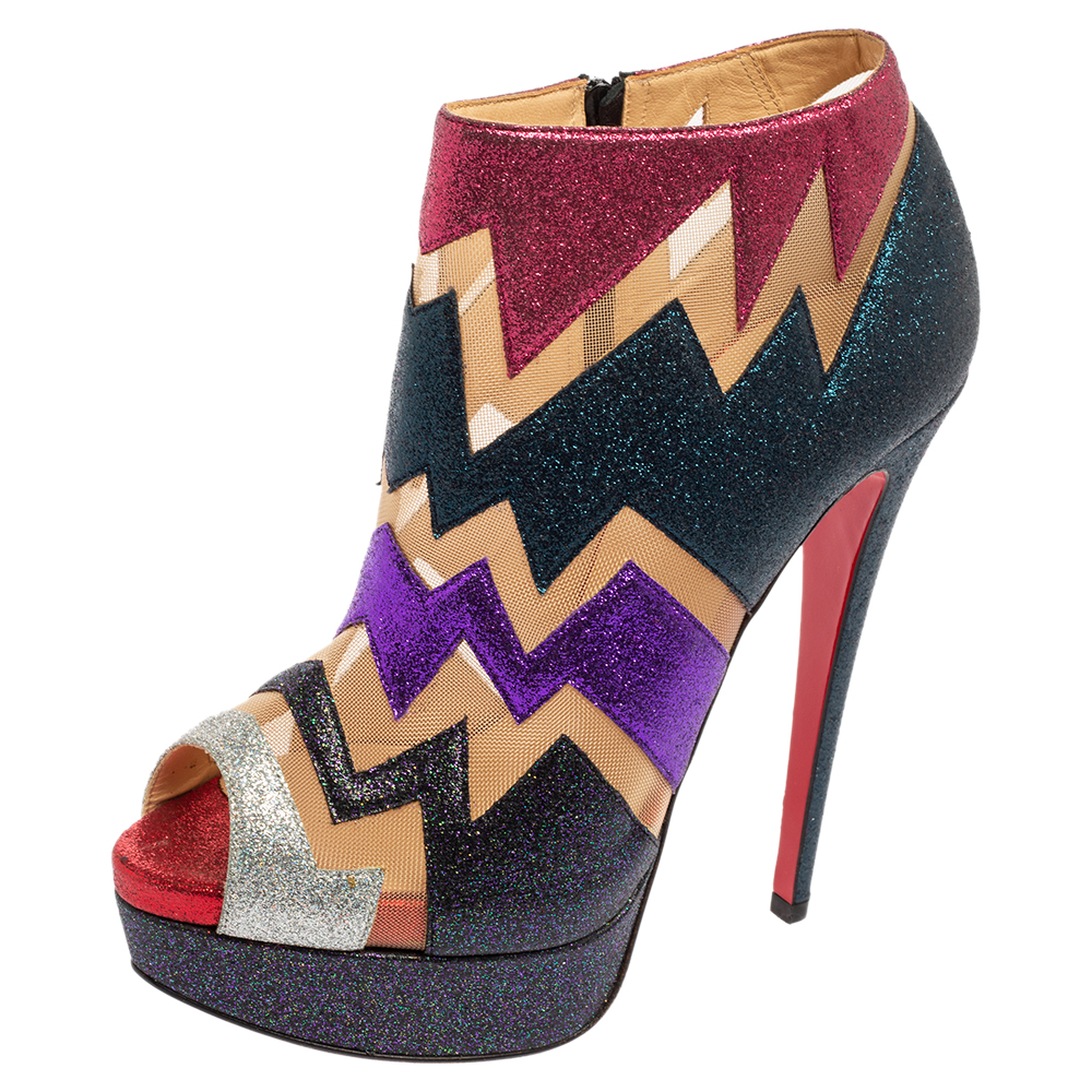 Christian louboutin mutlicolor glitter ziggy peep toe booties size 37