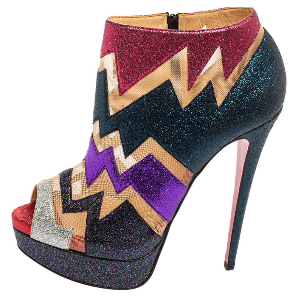 Christian Louboutin Mutlicolor Glitter Ziggy Peep Toe Booties Size 37