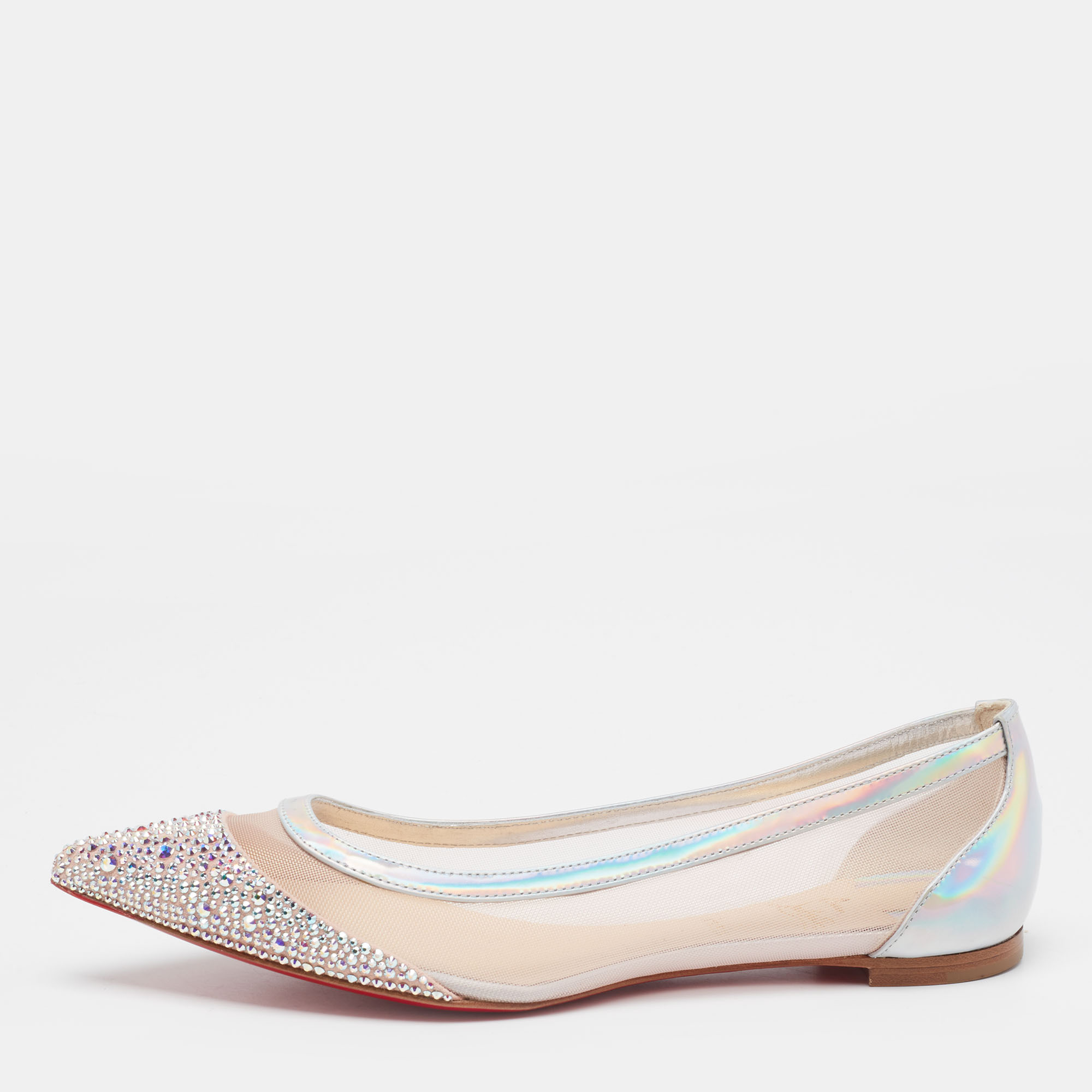 Christian Louboutin Light Pink Mesh, Iridescent Leather And Suede Galativi Strass Ballet Flats Size 35.5