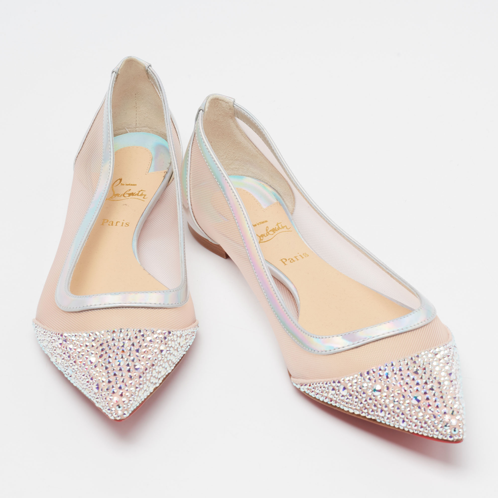 Christian Louboutin Light Pink Mesh, Iridescent Leather And Suede Galativi Strass Ballet Flats Size 35.5