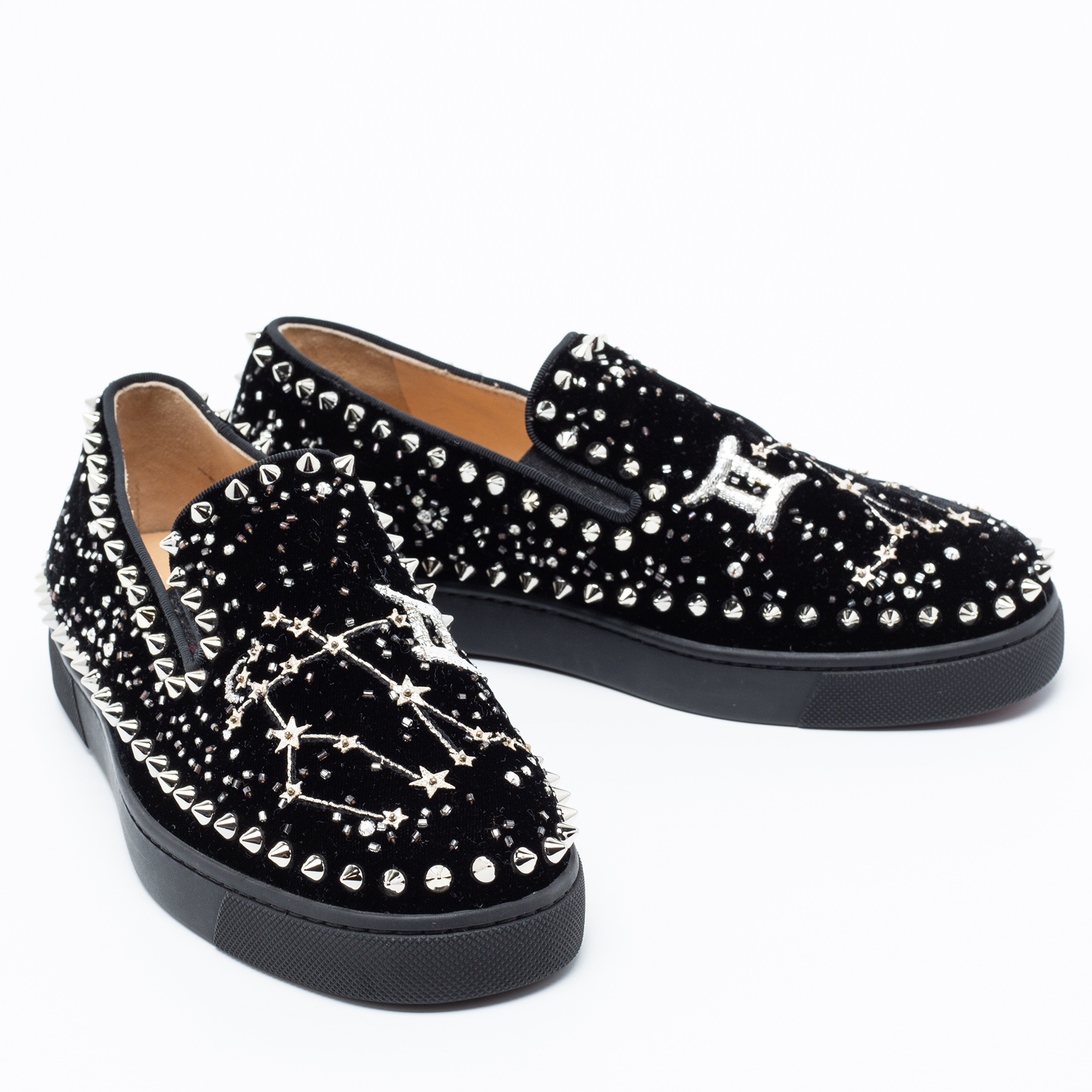 Christian Louboutin Black Velvet Spike Embellished Slip On Sneakers Size 36.5