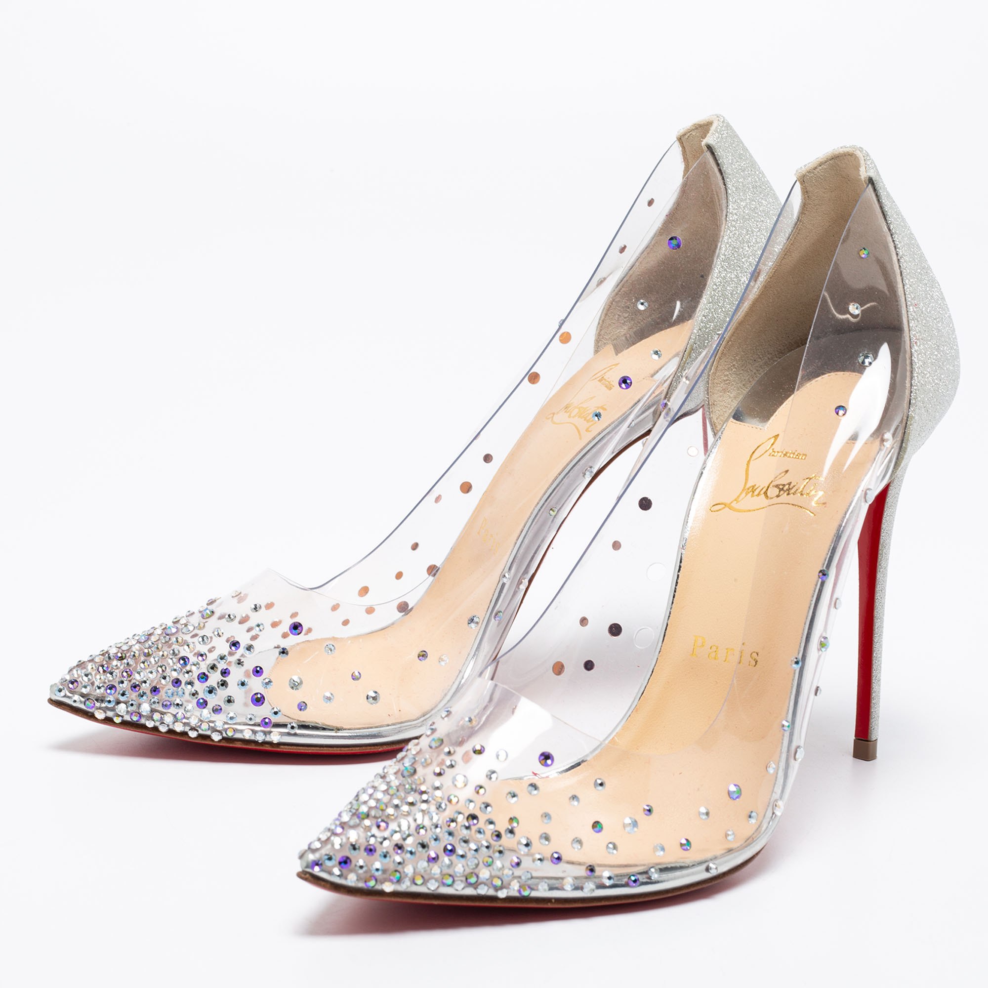 

Christian Louboutin Silver Glitter and PVC Degrastrass Crystal Embellished Pumps Size