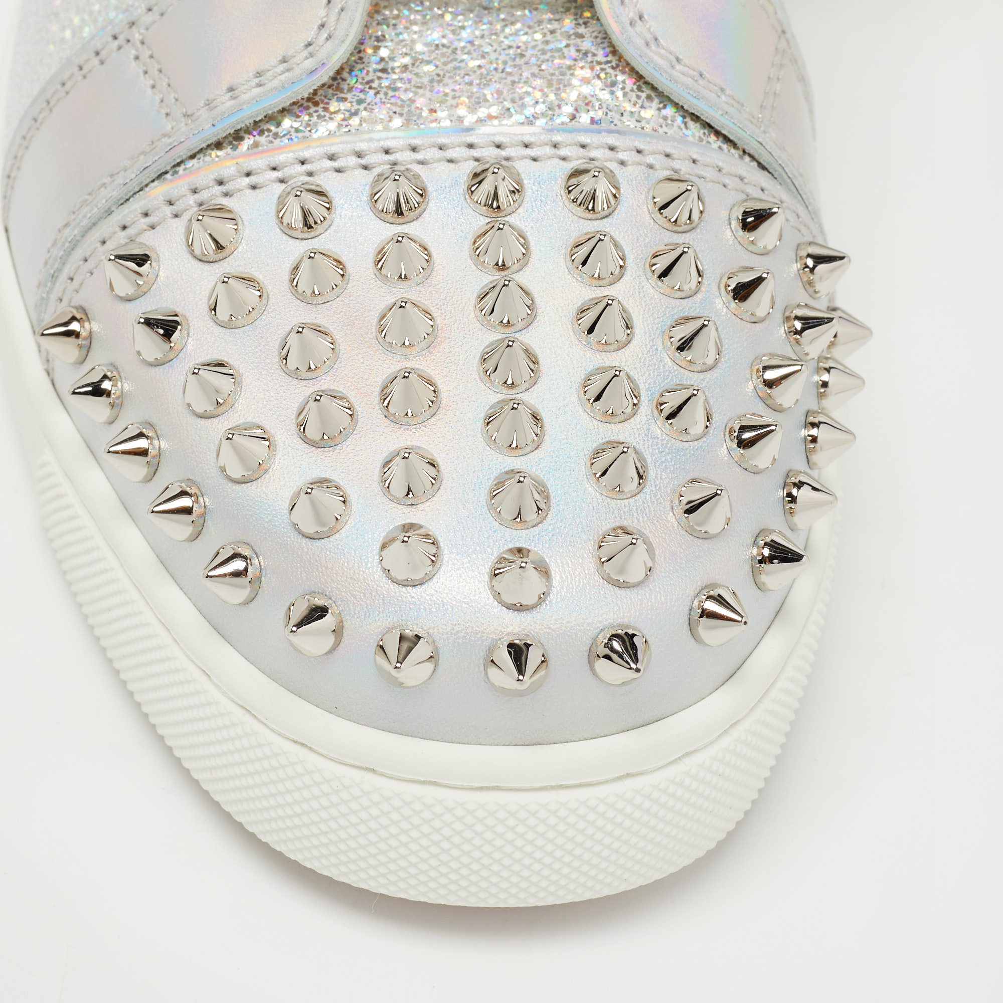 Christian Louboutin Silver Laminated Suede And Leather Lou Spikes High Top Sneakers Size 39