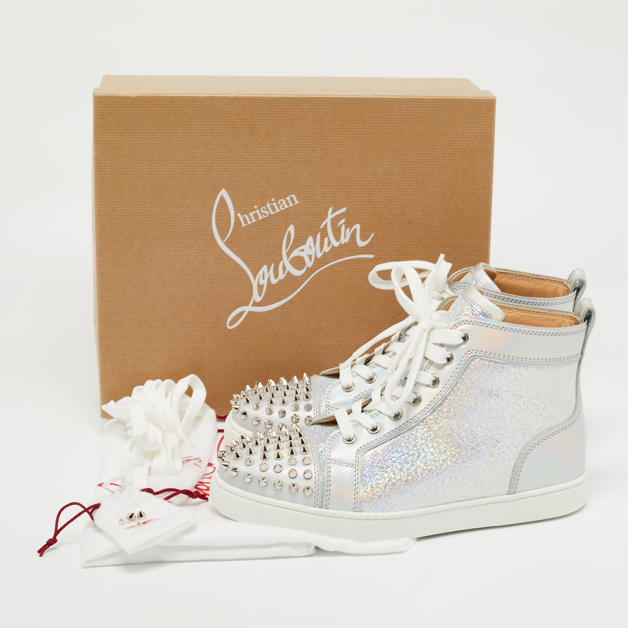 Christian Louboutin Silver Laminated Suede And Leather Lou Spikes High Top Sneakers Size 39