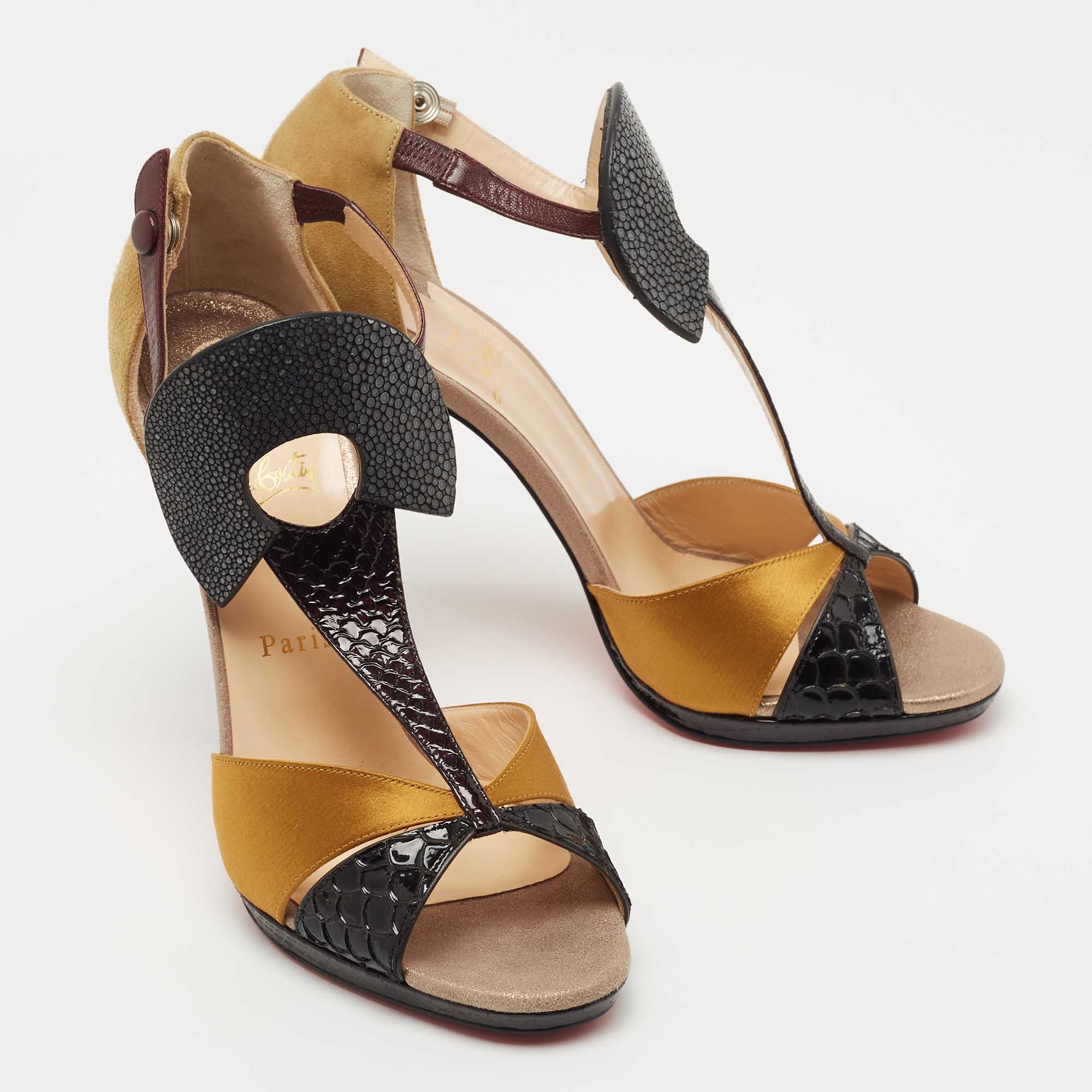 Christian Louboutin Black/Yellow Python Embossed Leather, Suede And Satin Aztec Sandals Size 41