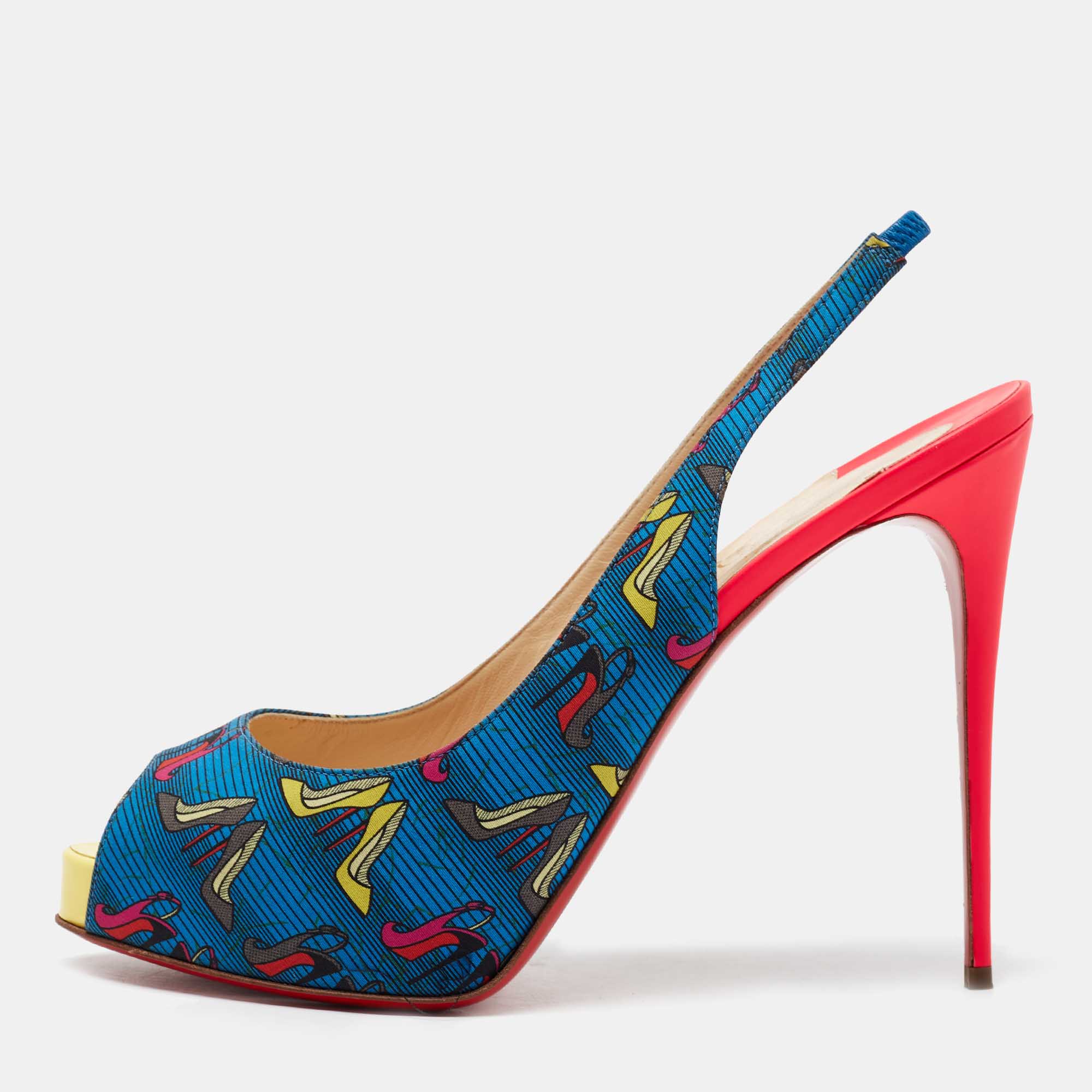 Christian louboutin multicolor printed fabric private number slingback pumps size 41