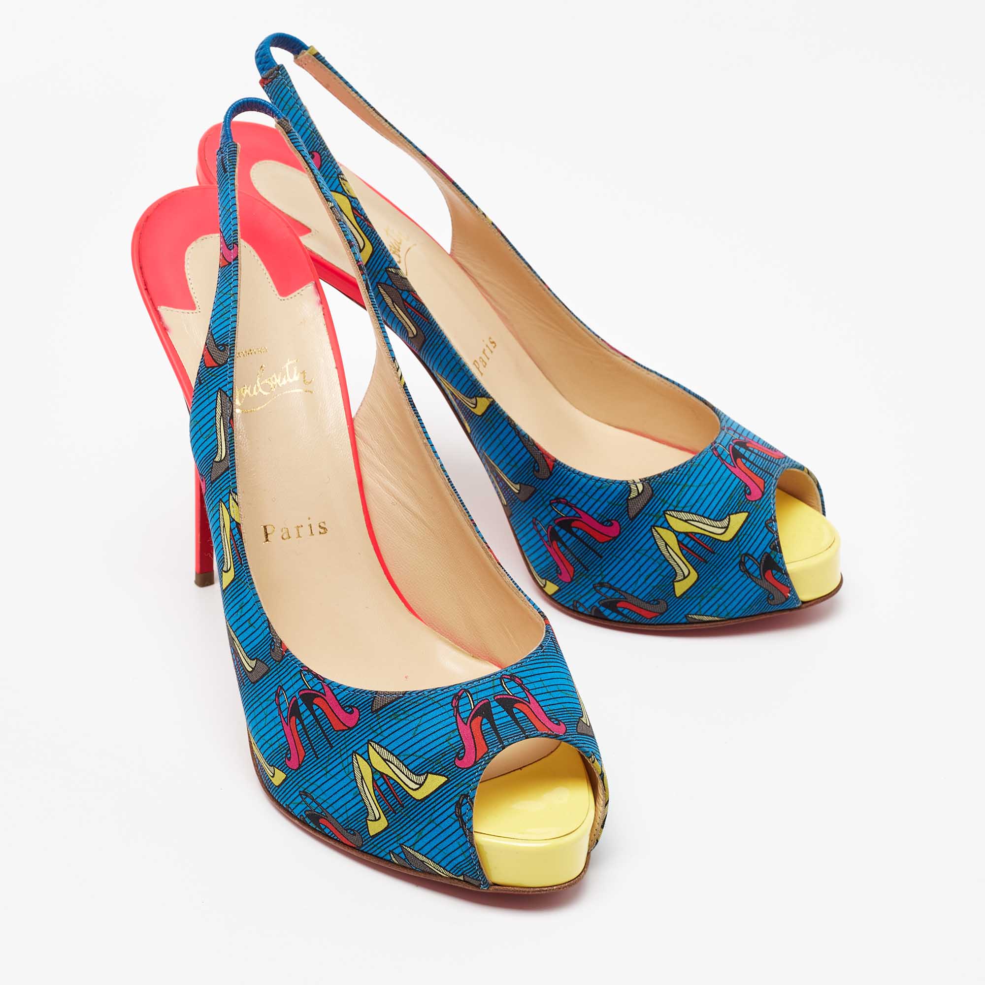 Christian Louboutin Multicolor Printed Fabric Private Number Slingback Pumps Size 41