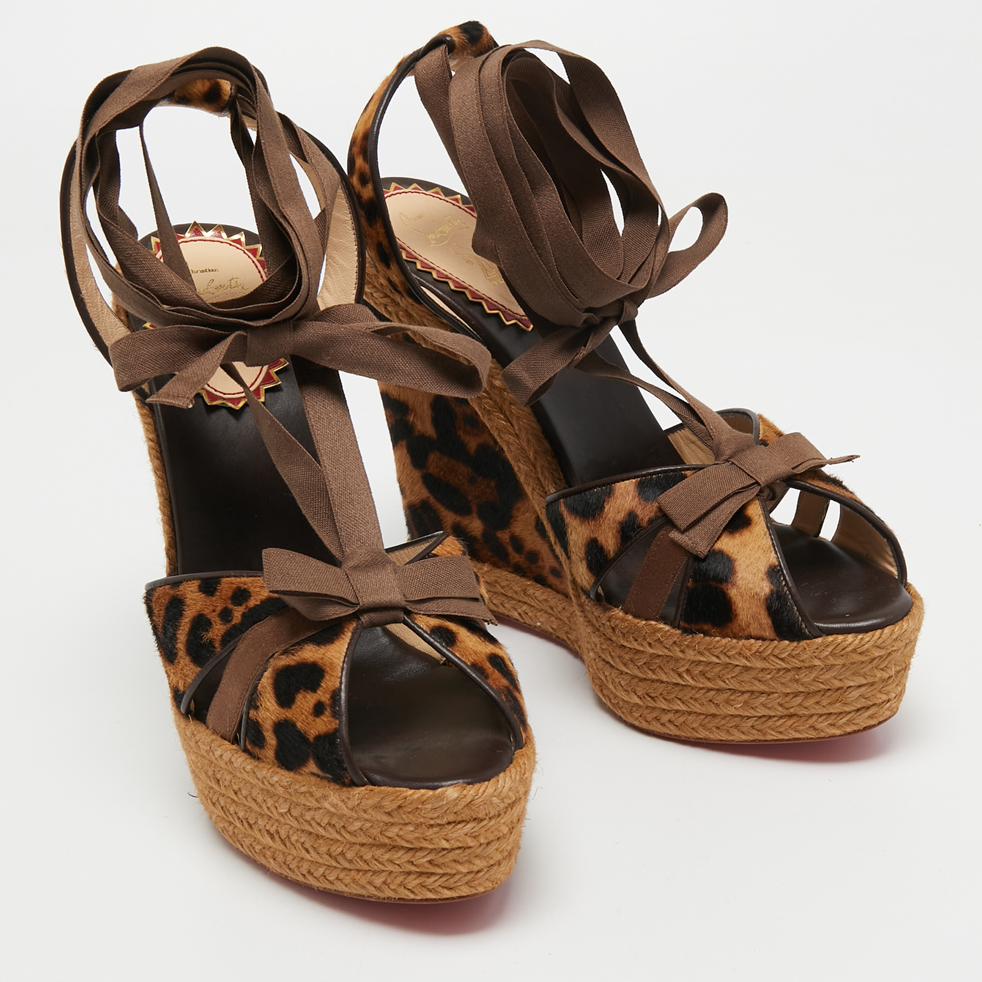 Christian Louboutin Brown/Black Leopard Print Calf Hair And Fabric Isabelle Wedge Sandals Size 41