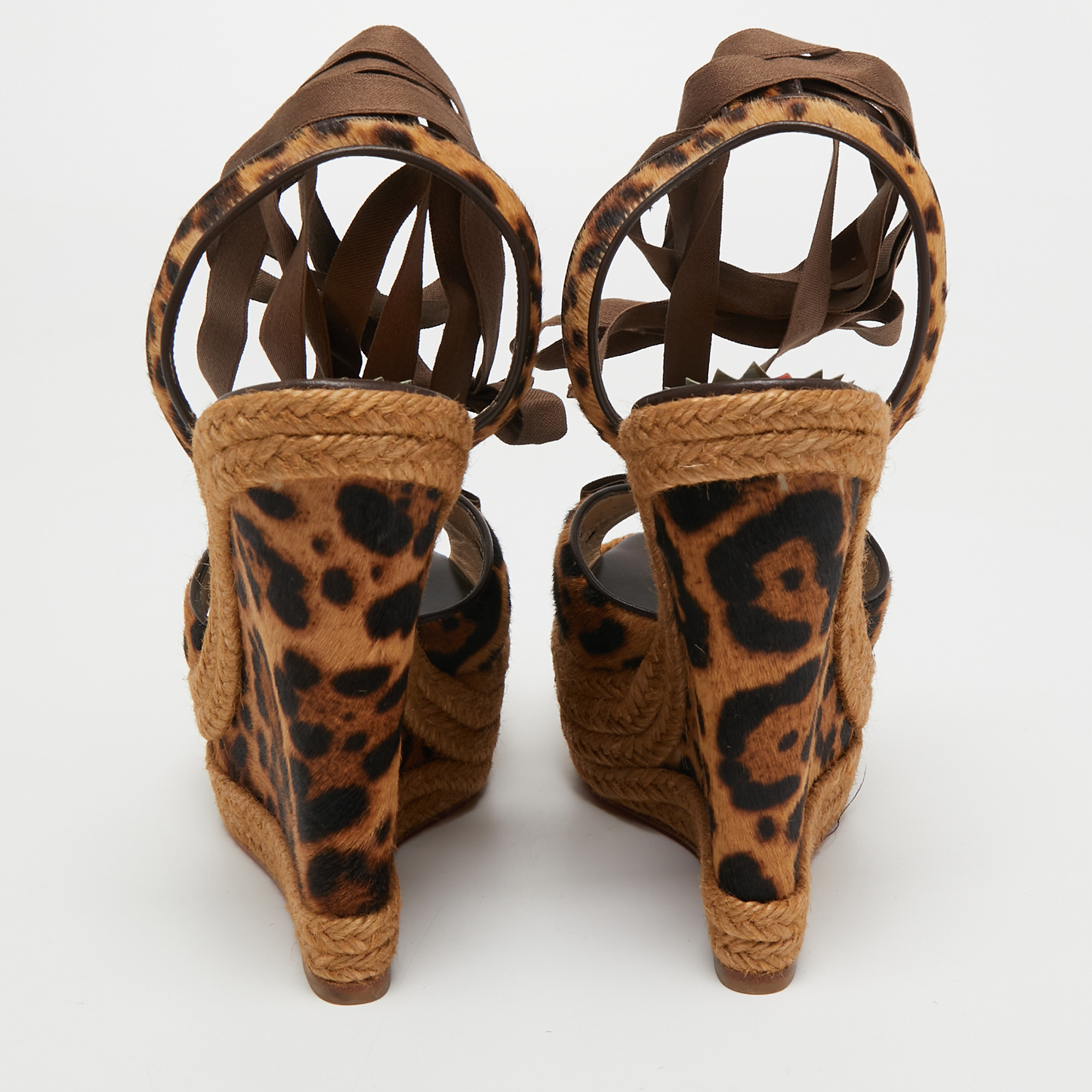 Christian Louboutin Brown/Black Leopard Print Calf Hair And Fabric Isabelle Wedge Sandals Size 41