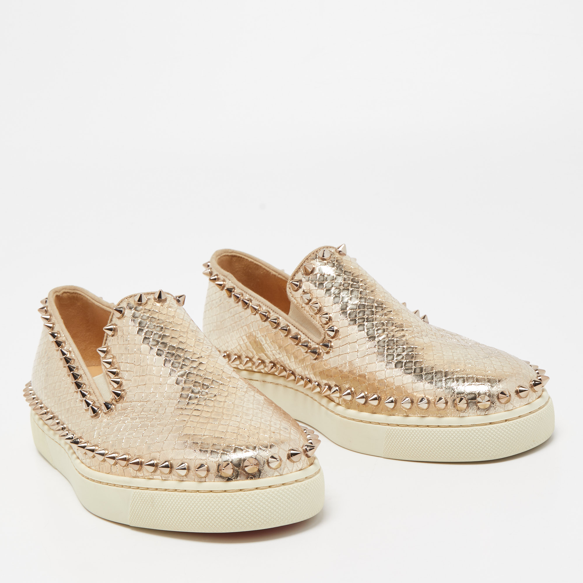 Christian Louboutin Gold Python Embossed Leather Spike Pik Boat Sneakers Size 37.5