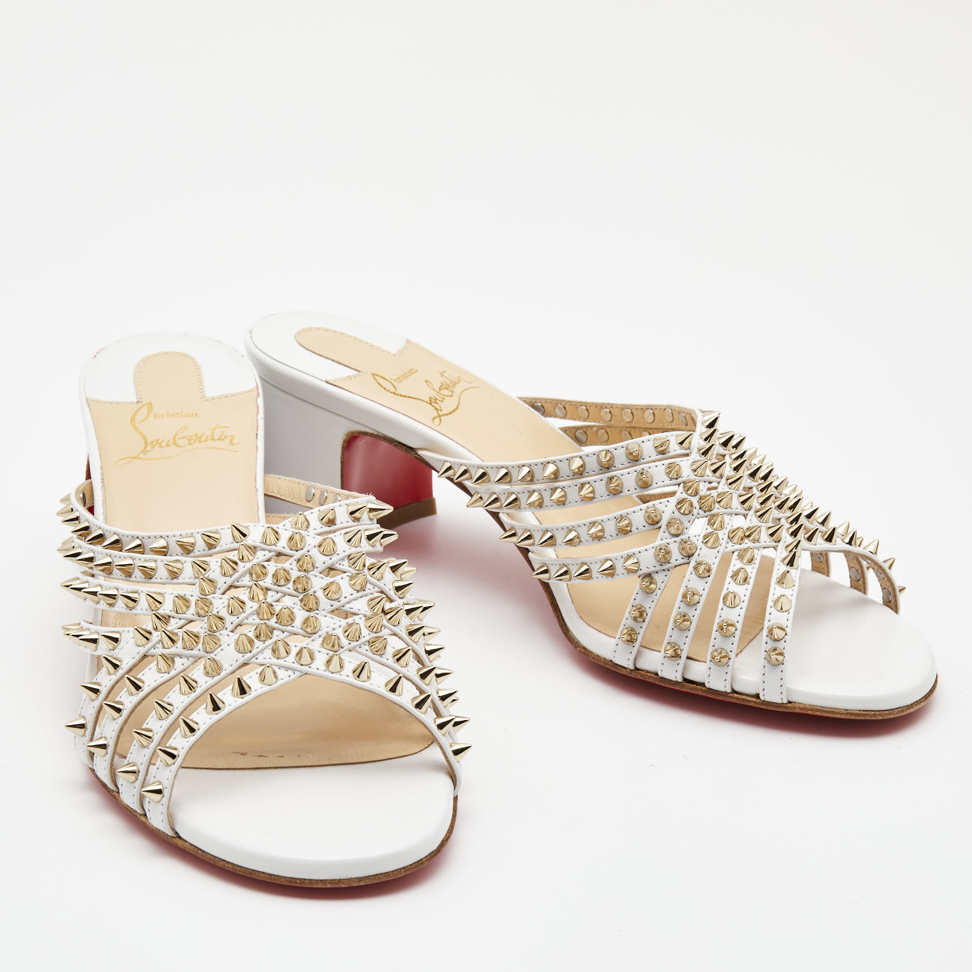 Christian Louboutin White Leather Martha Spike Slide Sandals Size 34.5