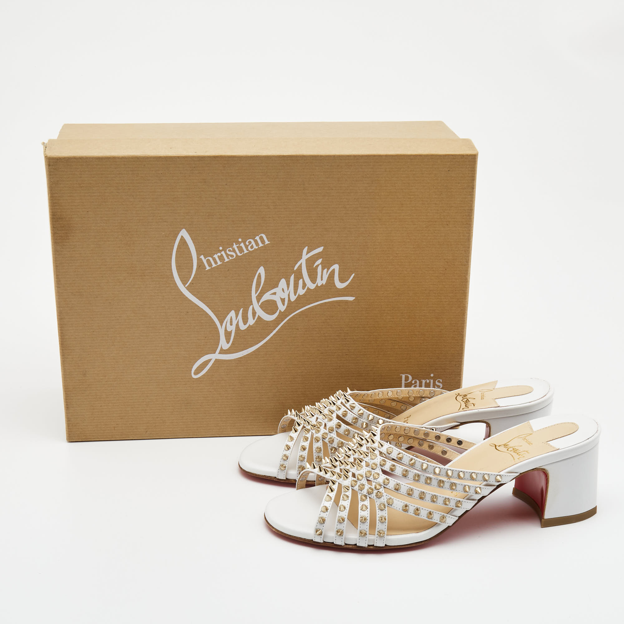 Christian Louboutin White Leather Martha Spike Slide Sandals Size 34.5