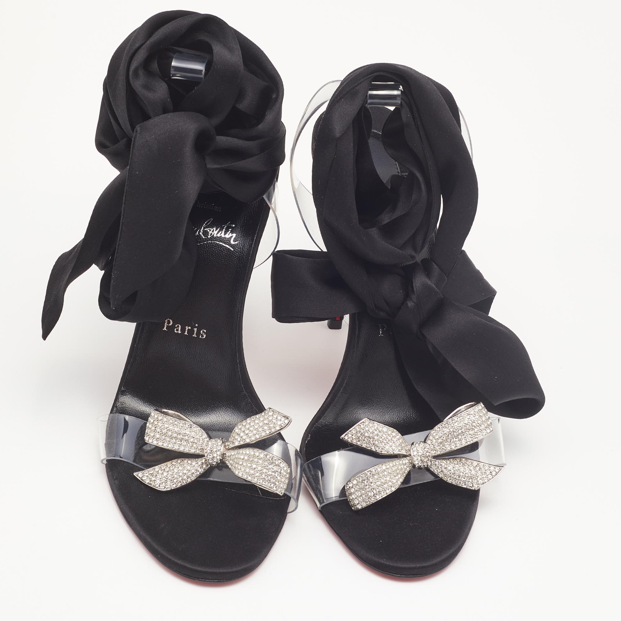 Christian Louboutin Black Satin And PVC Astrinodo Ankle Tie Sandals Size 40