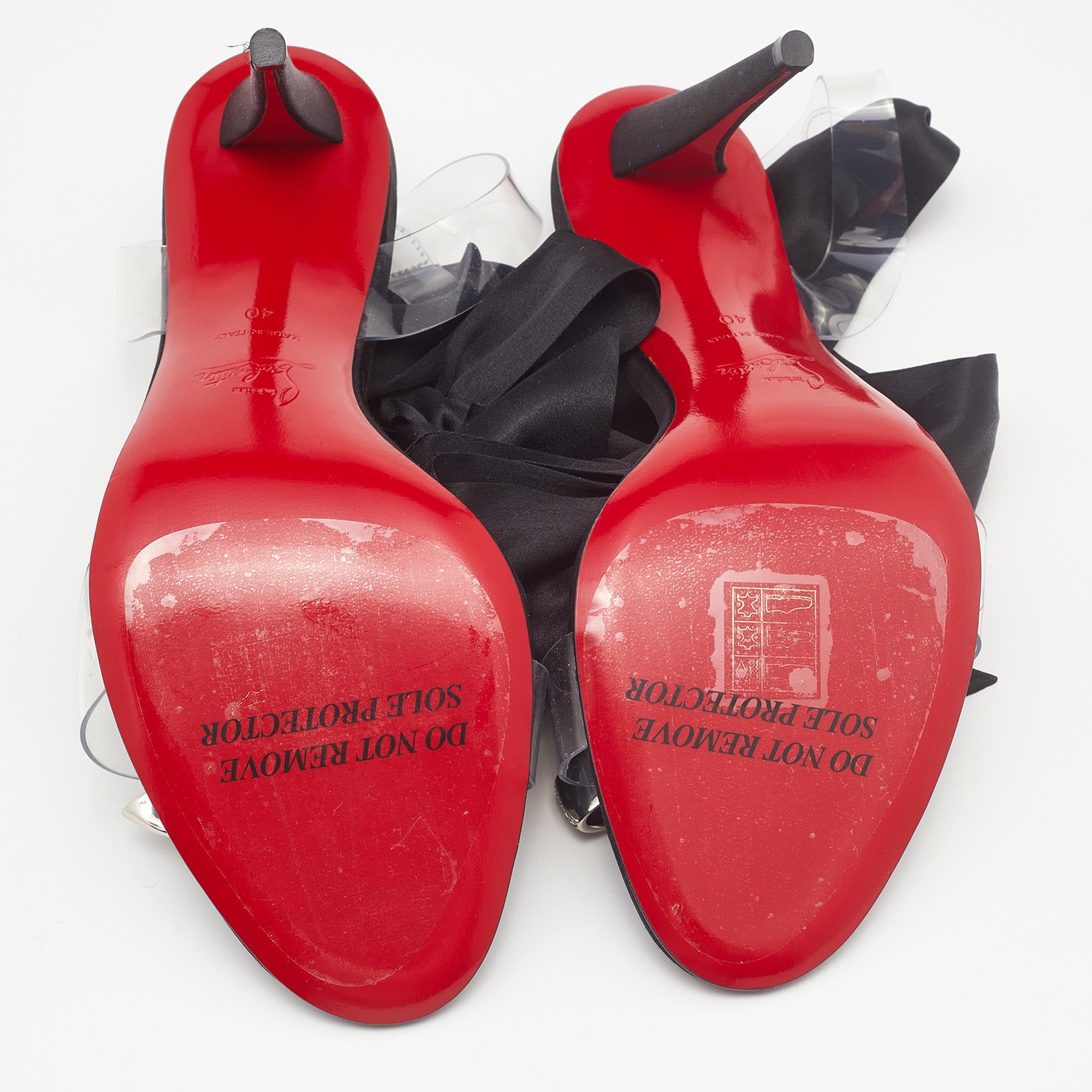 Christian Louboutin Black Satin And PVC Astrinodo Ankle Tie Sandals Size 40