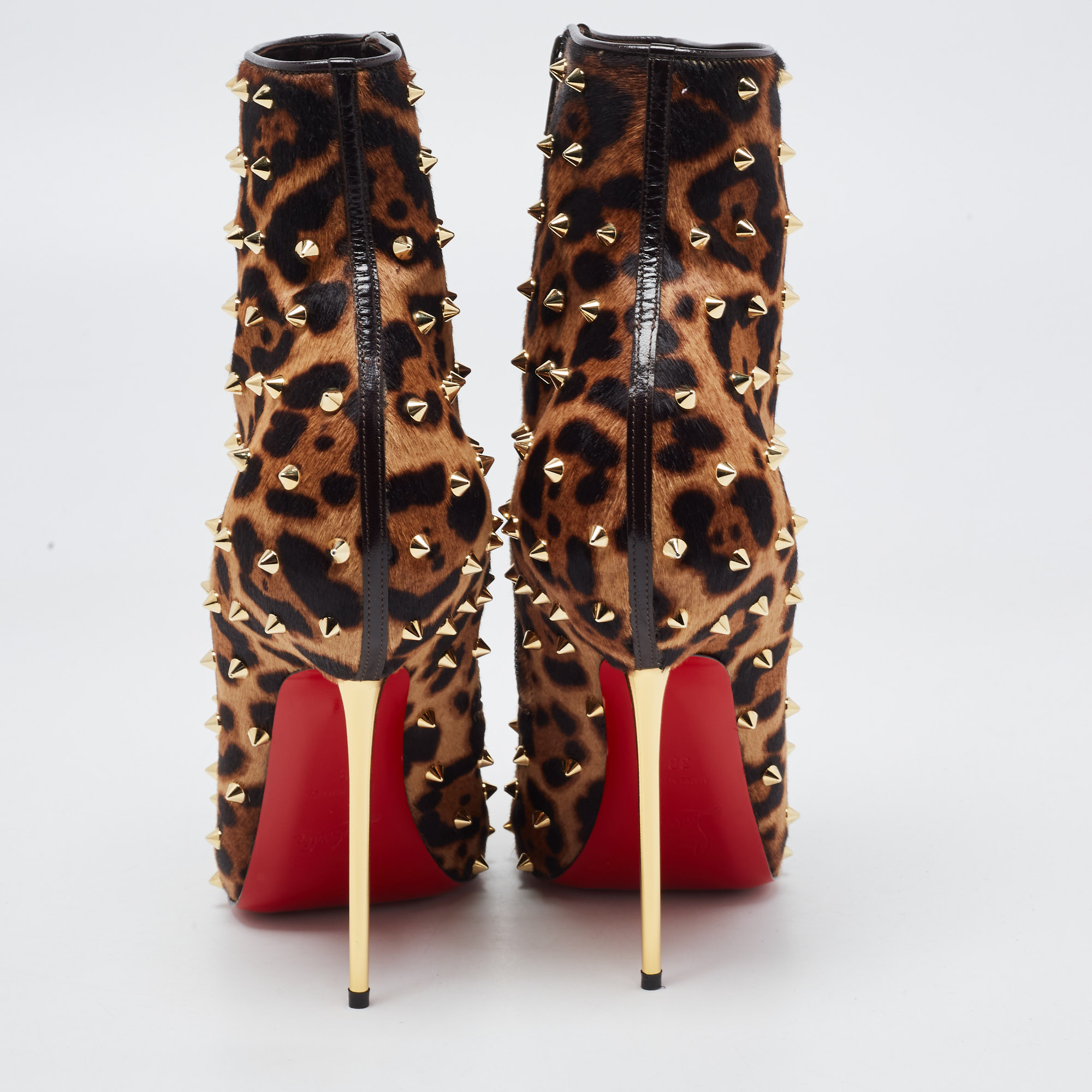 Christian Louboutin Brown Leopard Print Pony Hair Big Lips Spiked Ankle Boots Size 38