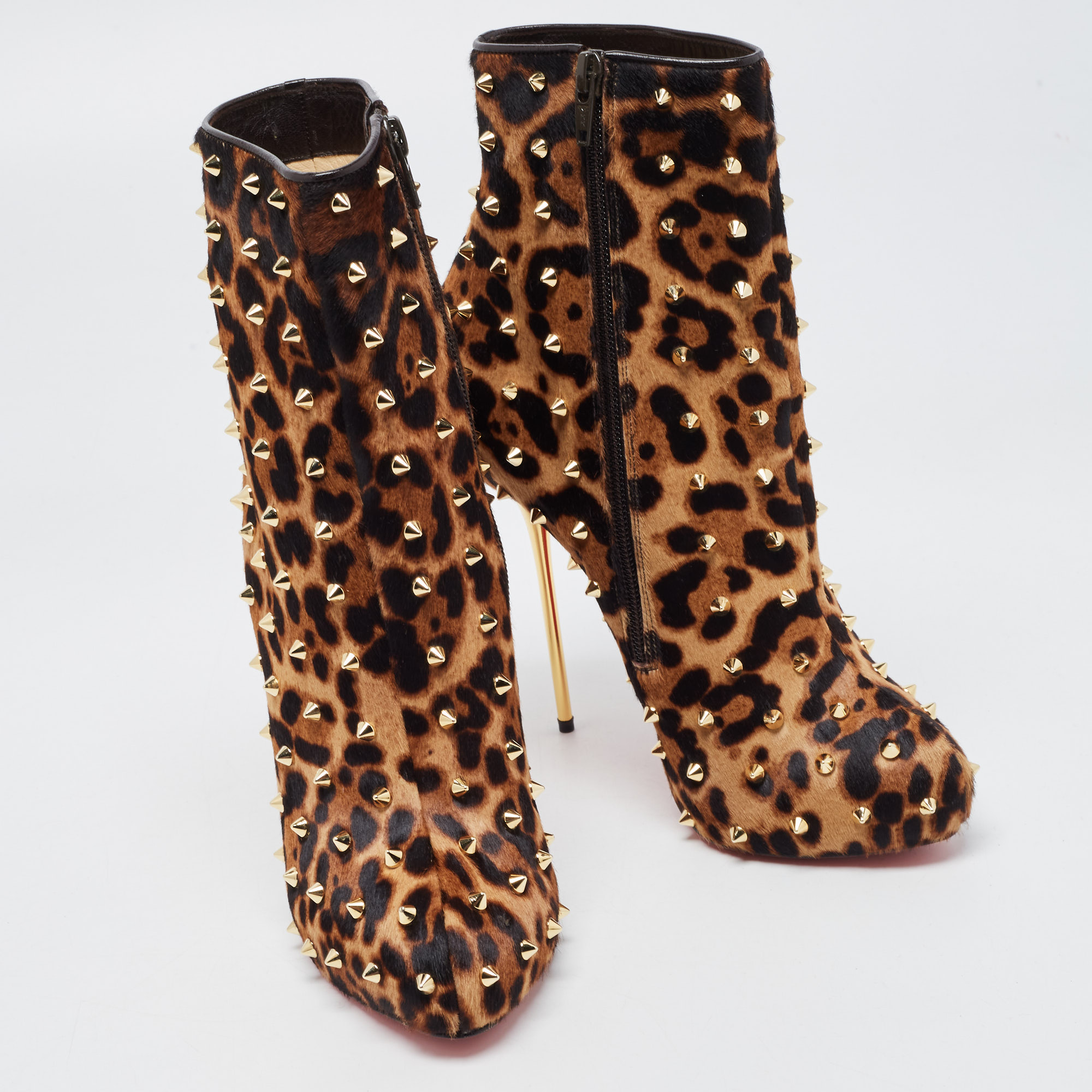 Christian Louboutin Brown Leopard Print Pony Hair Big Lips Spiked Ankle Boots Size 38