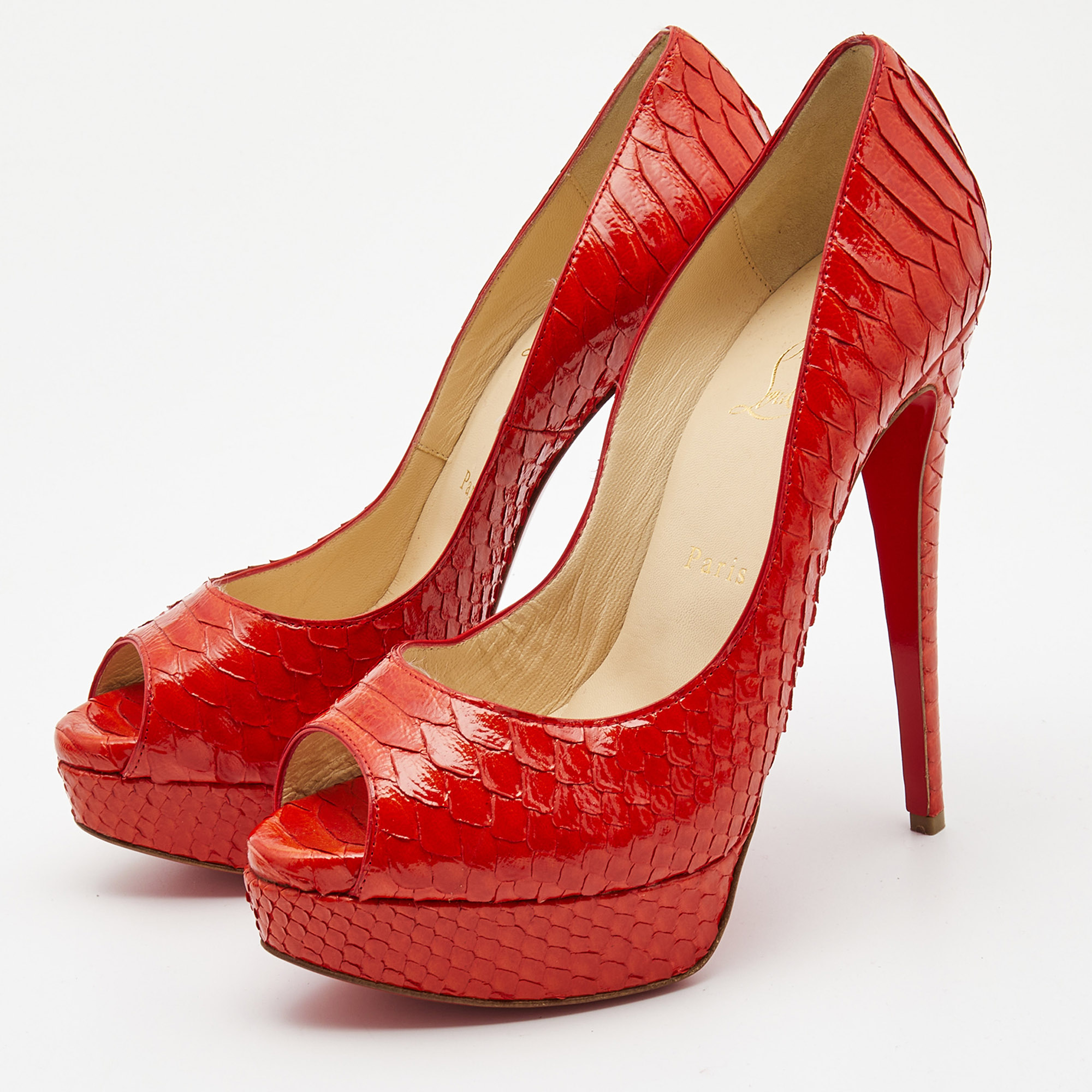 Christian Louboutin Orange Python Lady Peep Pumps Size 39.5