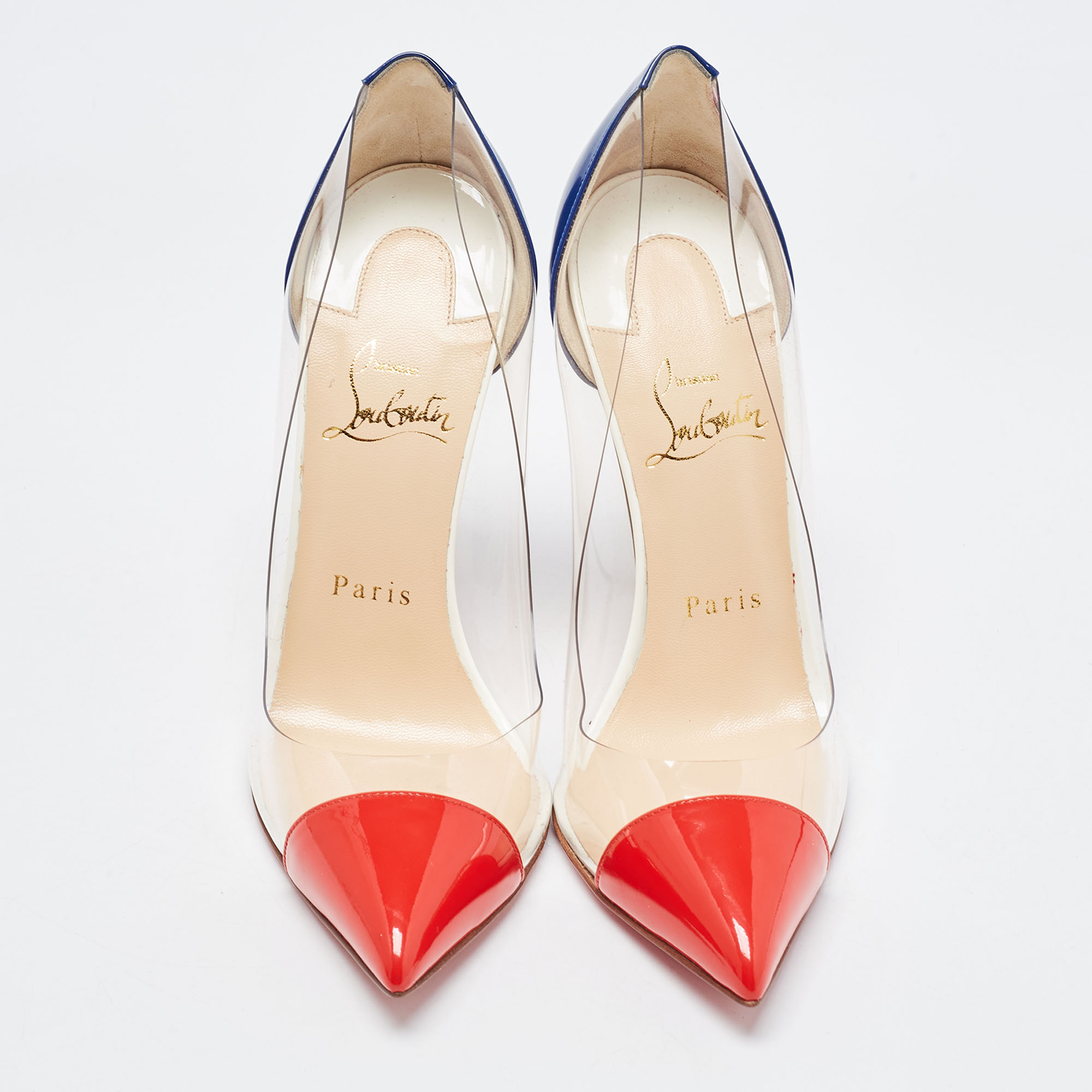 Christian Louboutin Red/Blue Patent Leather And PVC Debout Pumps Size 37
