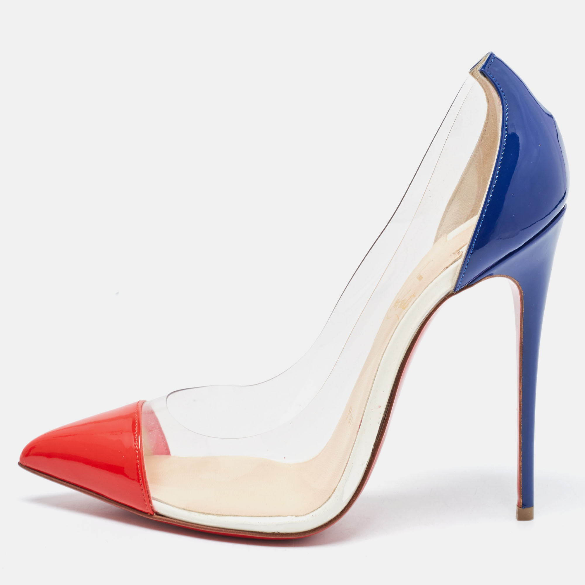 Christian Louboutin Red/Blue Patent Leather And PVC Debout Pumps Size 37
