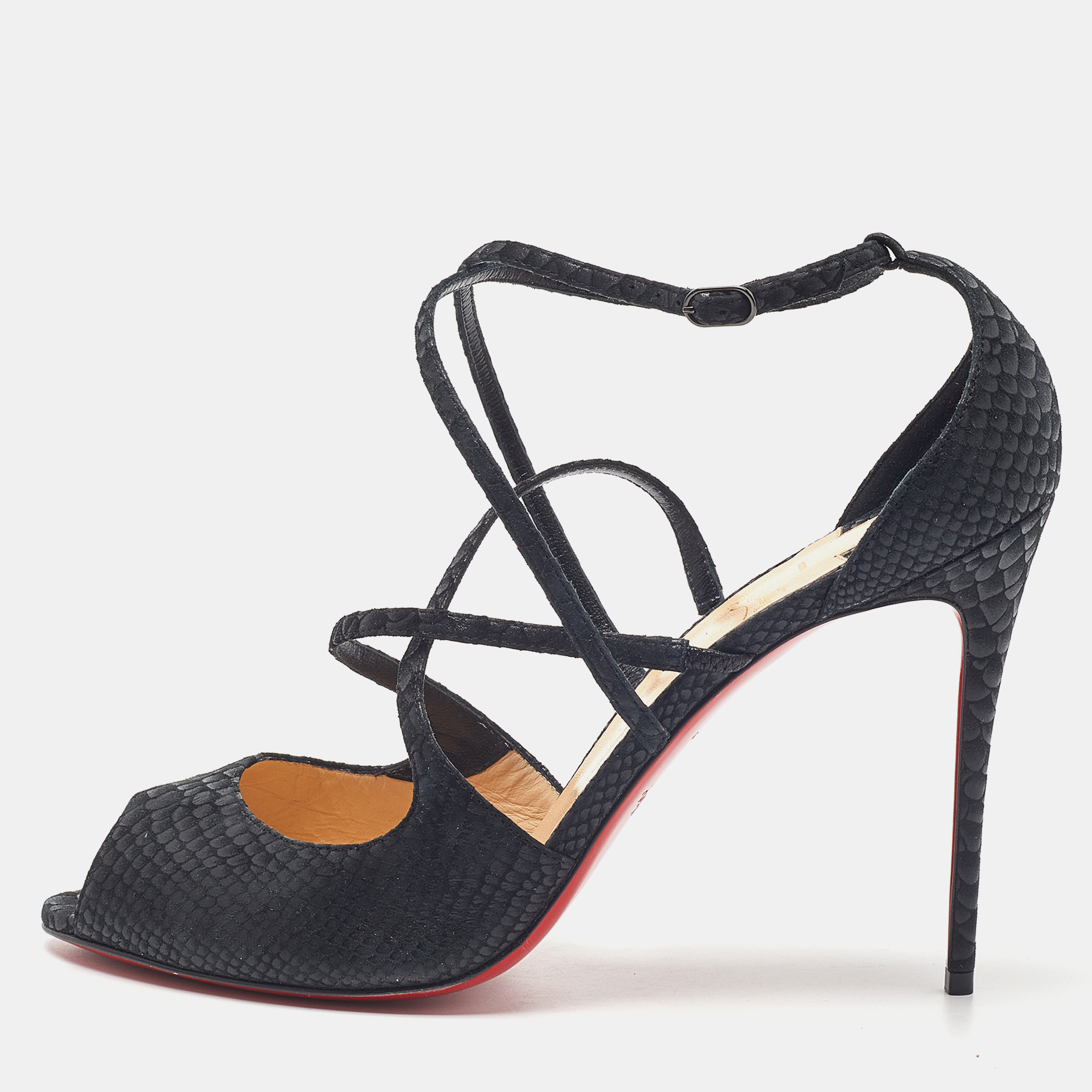 Christian Louboutin Black Embossed Snakeskin Leather Strappy Sandals Size 42