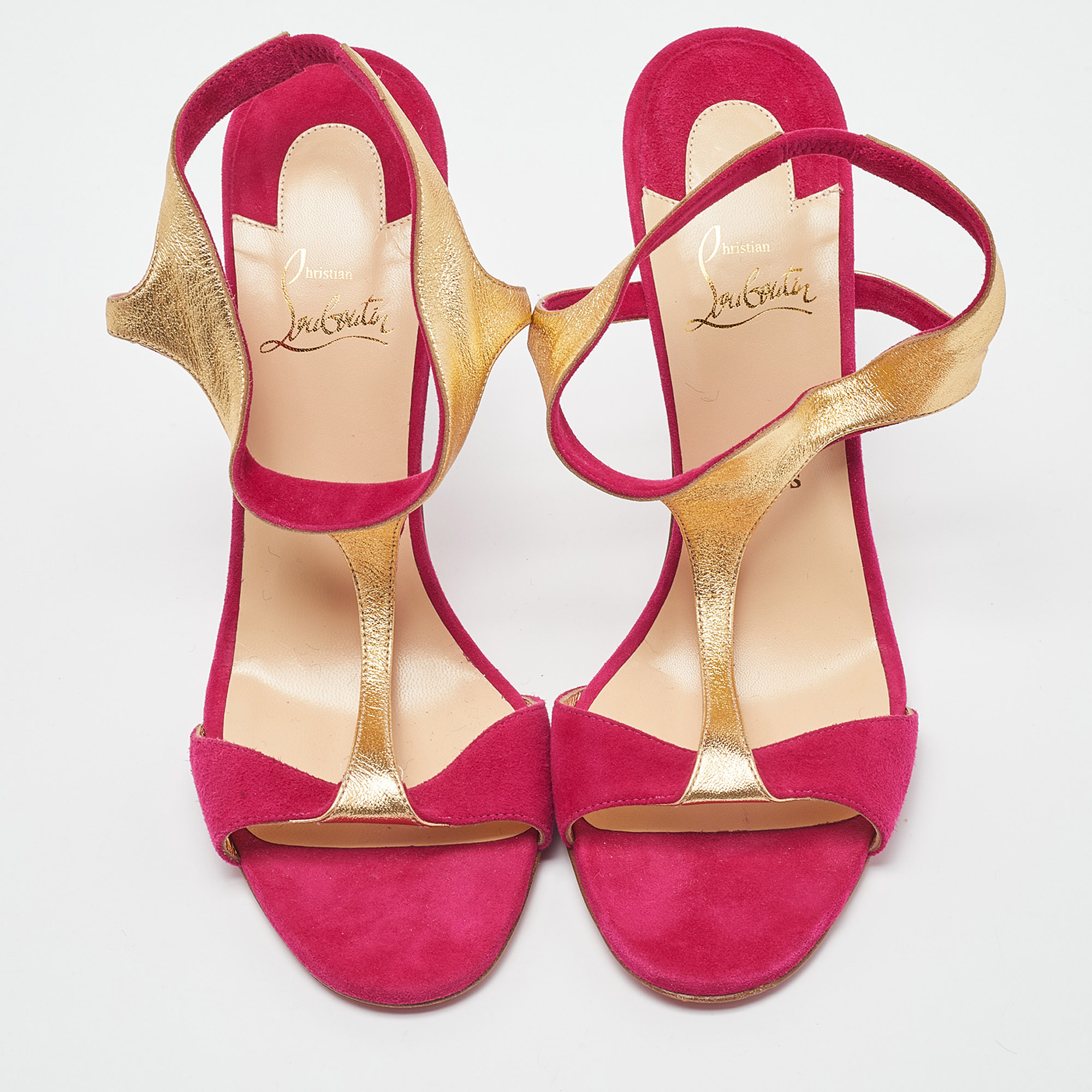 Christian Louboutin Pink/Gold Suede And Leather Morphetina Sandals Size 40.5