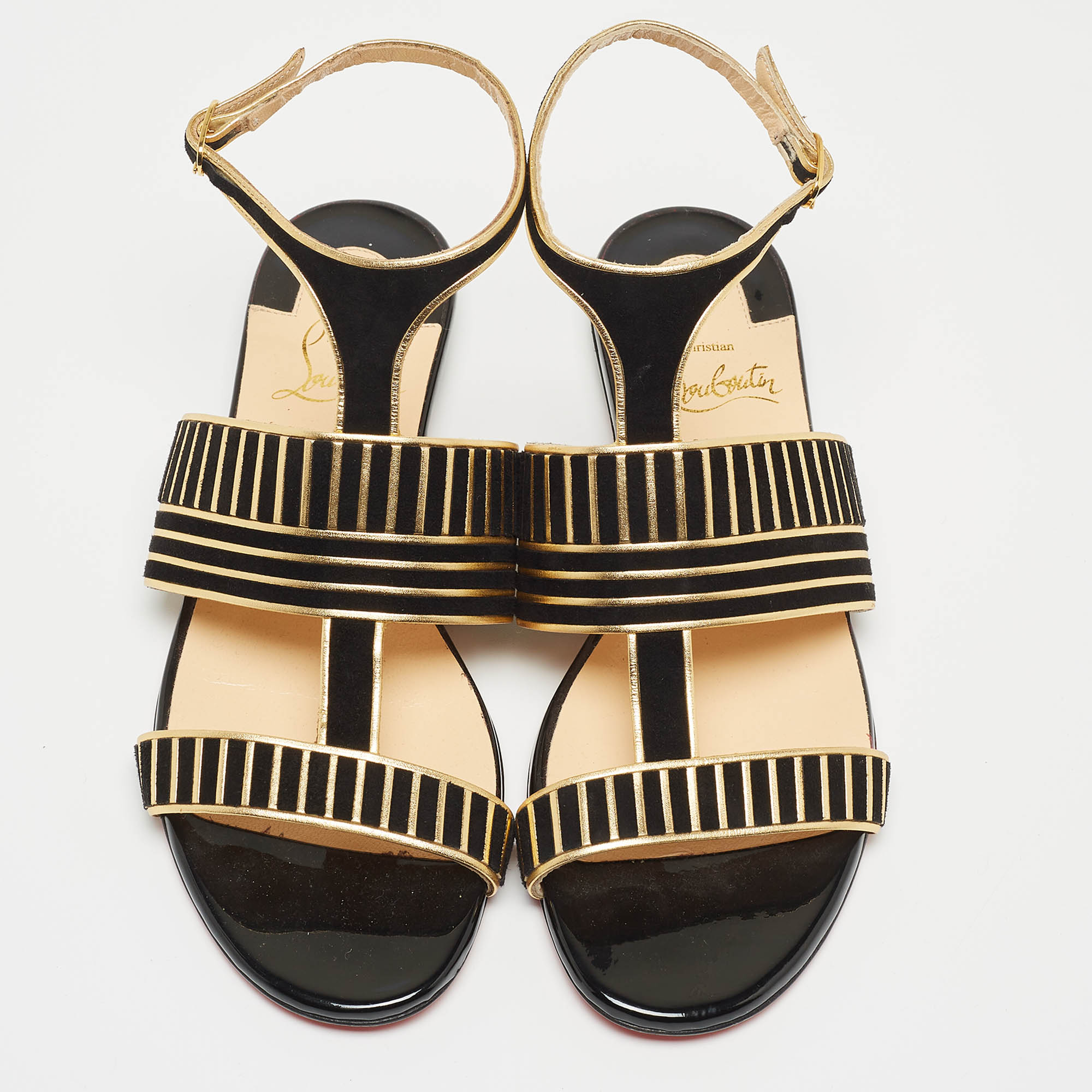 Christian Louboutin Black Suede And Leather Striped Flat Sandals Size 36