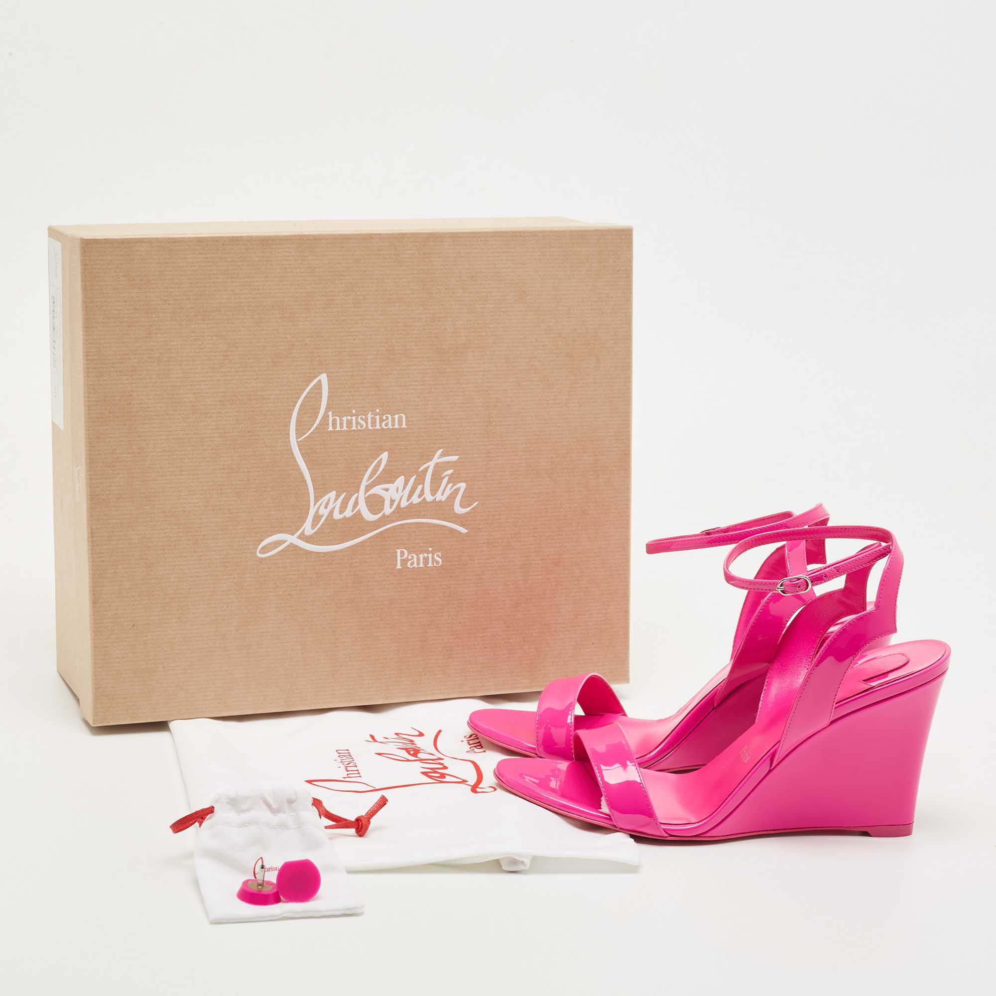 Christian Louboutin Pink Patent Leather Zeppa Chick 85 Wedge Ankle Strap Sandals Size 38