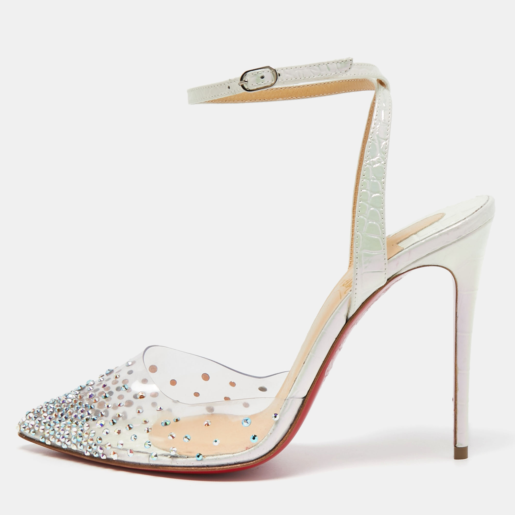 Christian Louboutin White Croc Embossed Leather And PVC Spikaqueen Ankle Strap Pumps Size 36