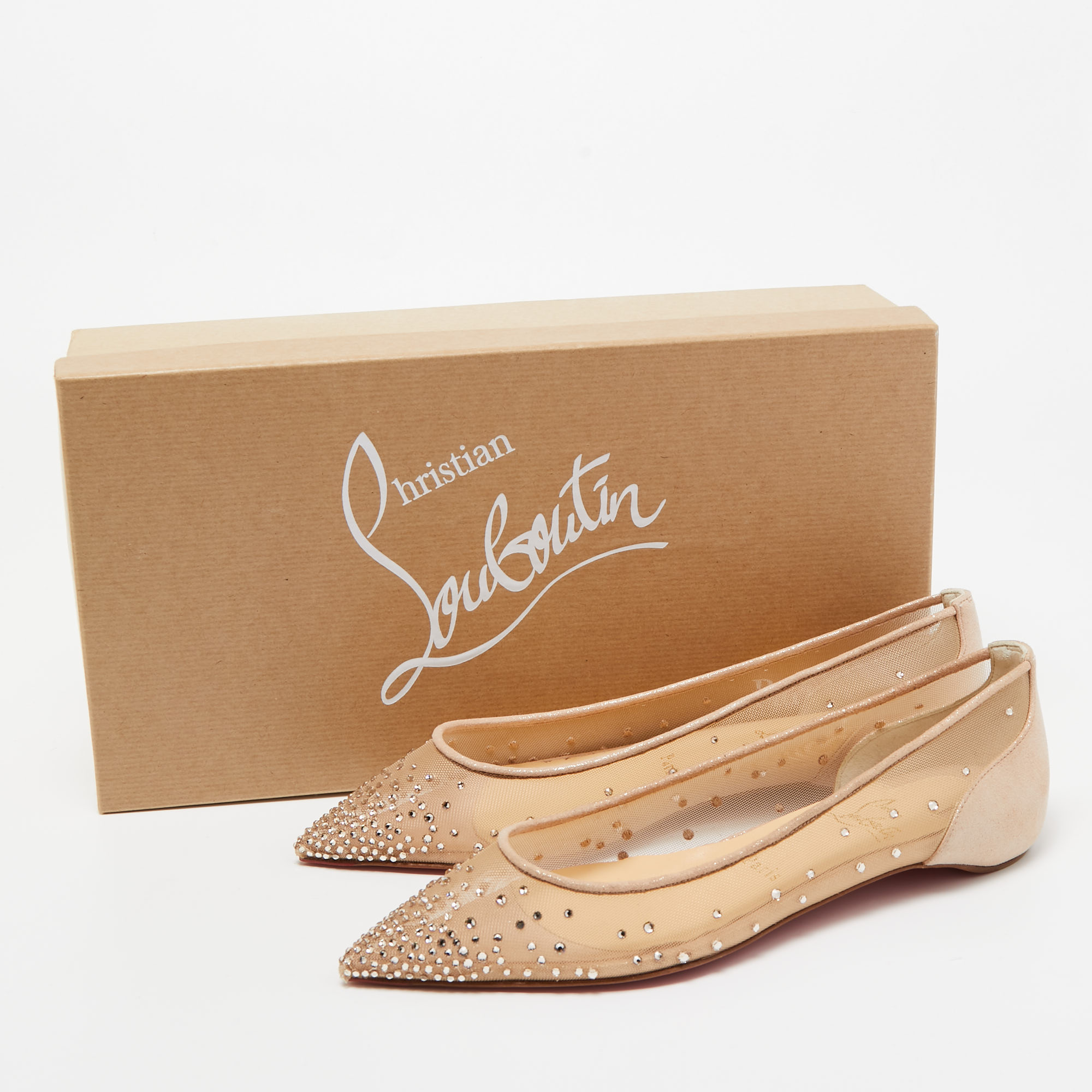 Christian Louboutin Beige Mesh And Suede Follies Strass Ballet Flats Size 38