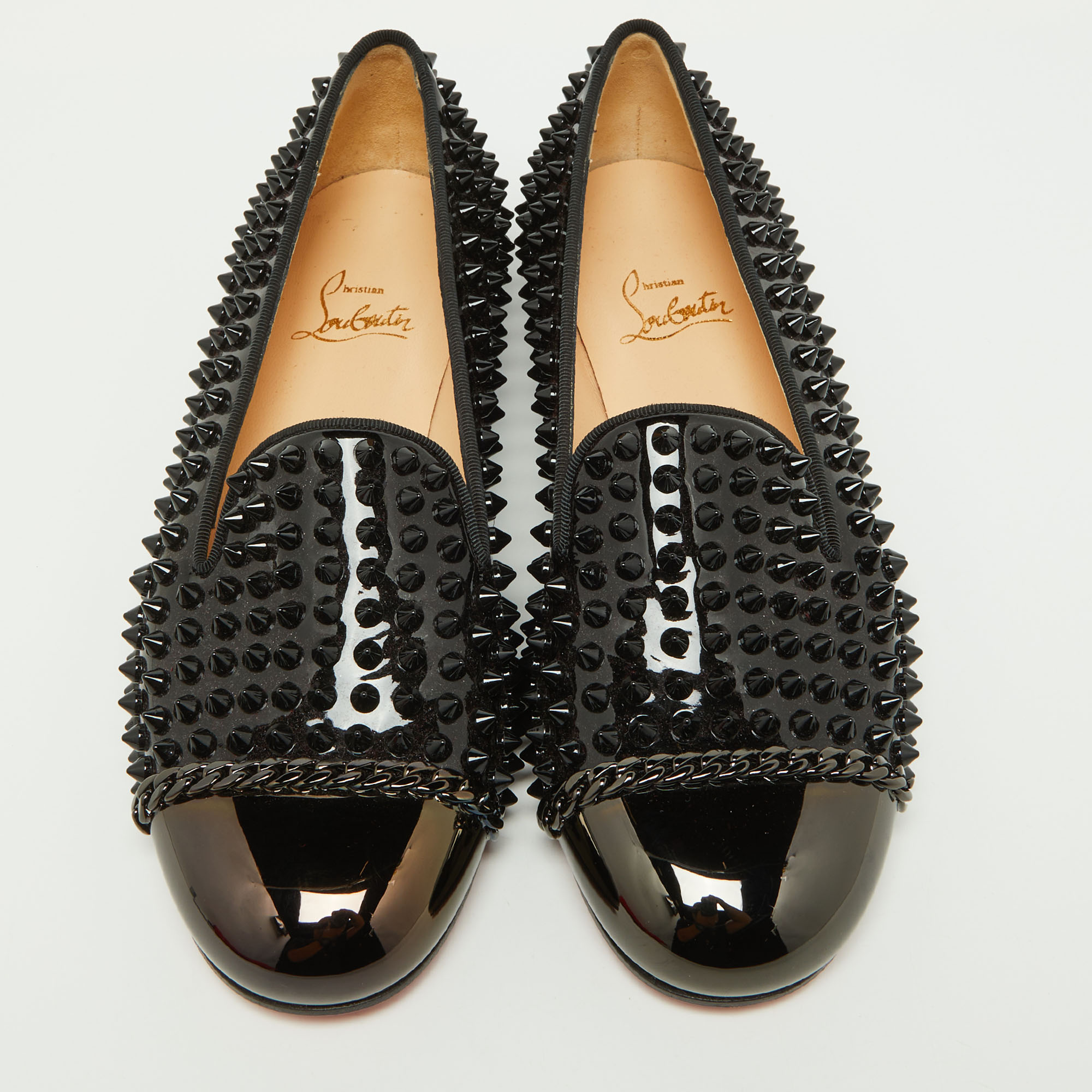 Christian Louboutin Black Patent Leather Glitz Spikes Loafers Size 38