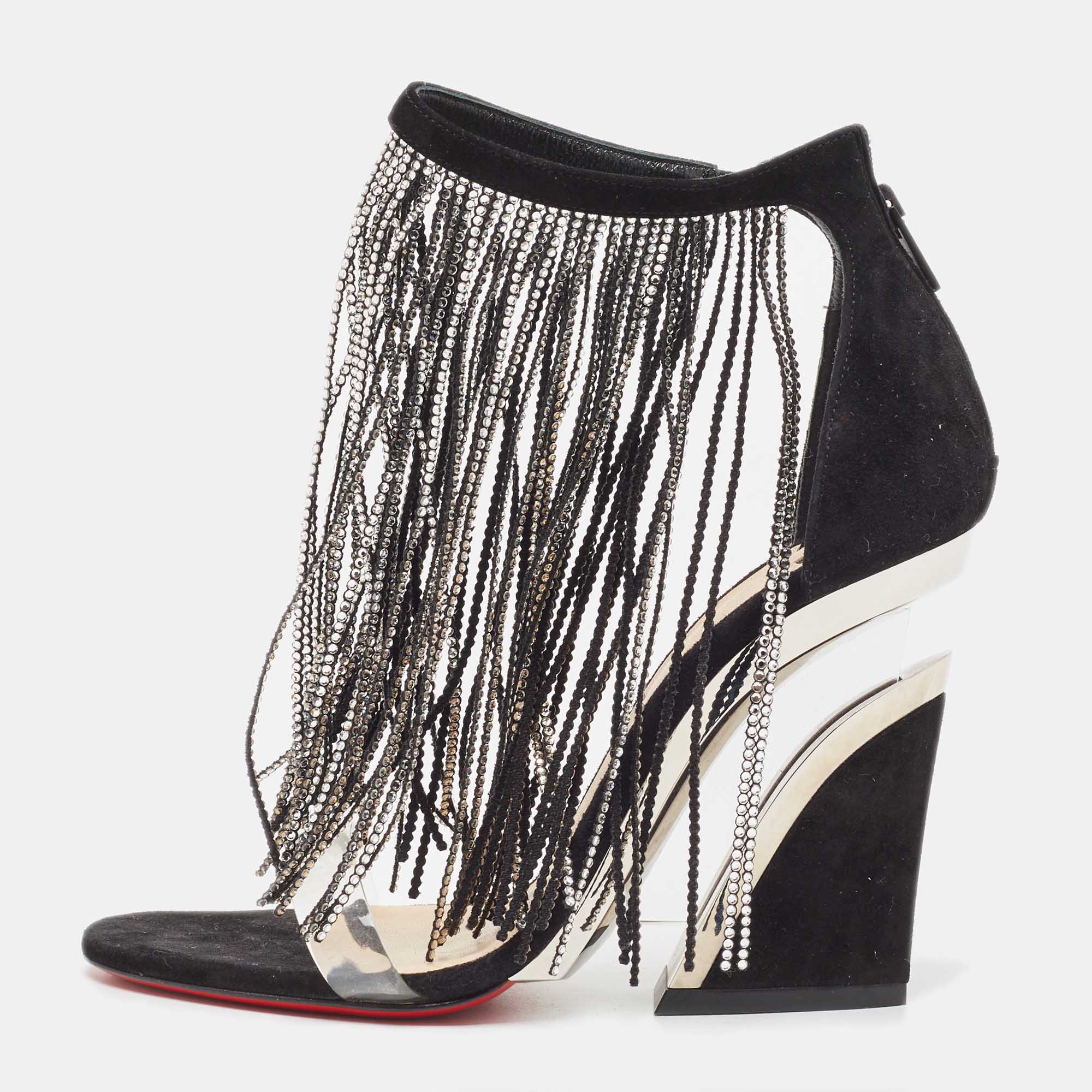 

Christian Louboutin Black Suede Crystal Embellished Fringe Ankle Strap Sandals Size