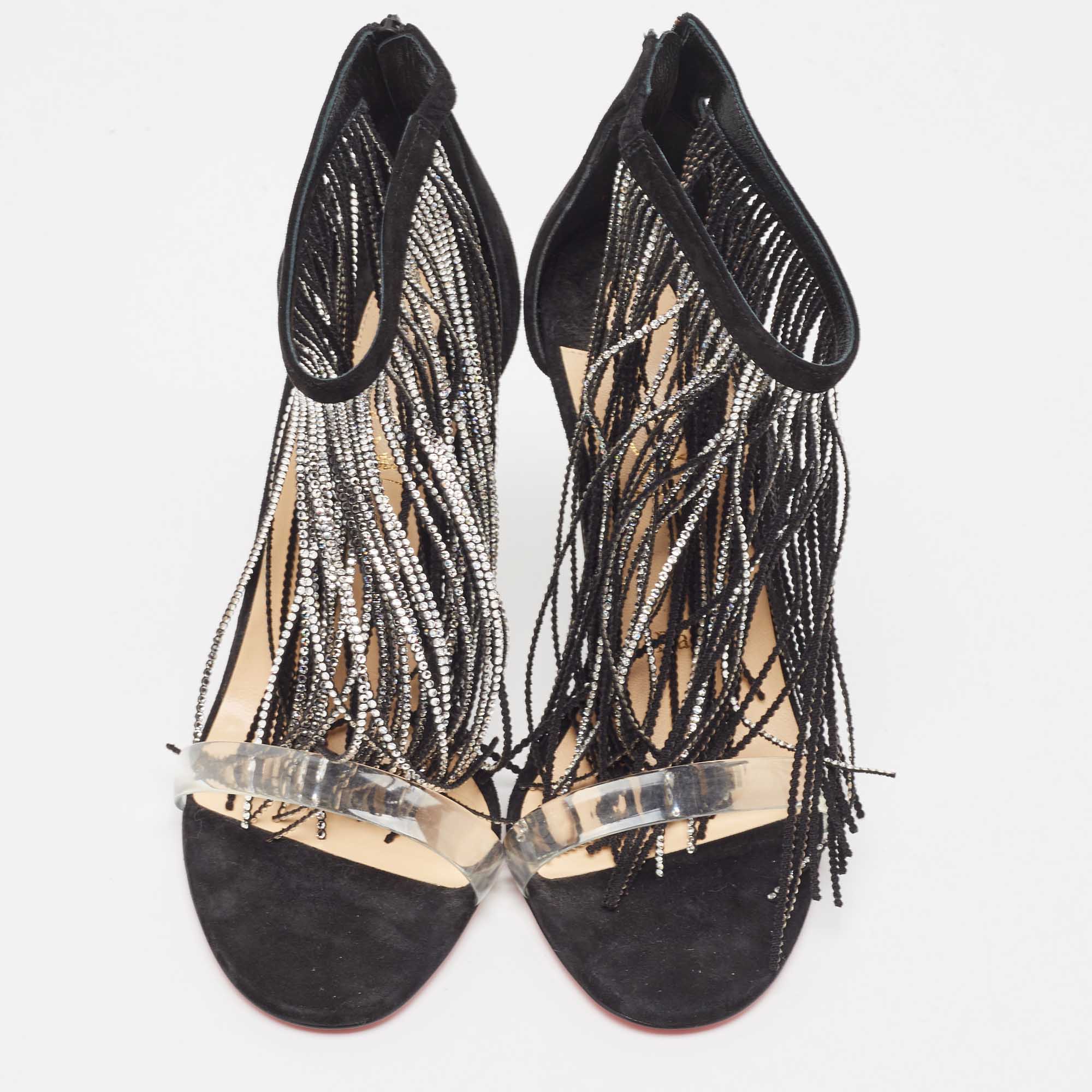 Christian Louboutin Black Suede Crystal Embellished Fringe Ankle Strap Sandals Size 36