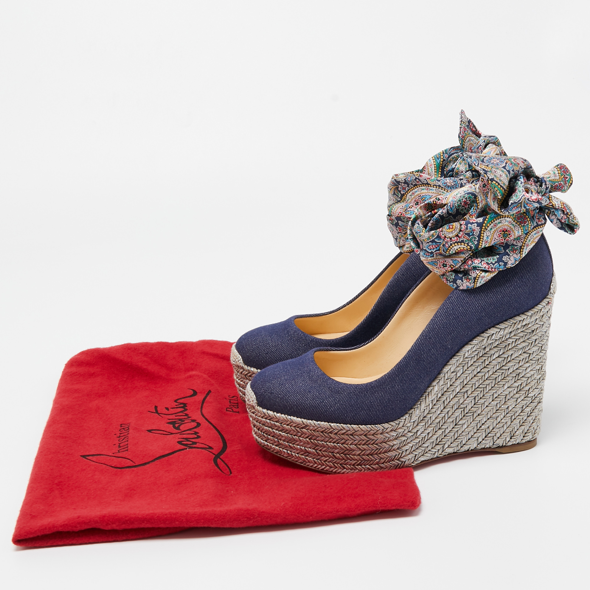 Christian Louboutin Blue Denim And Printed Fabric Barbaria Zeppa Ankle Tie Pumps Size 35