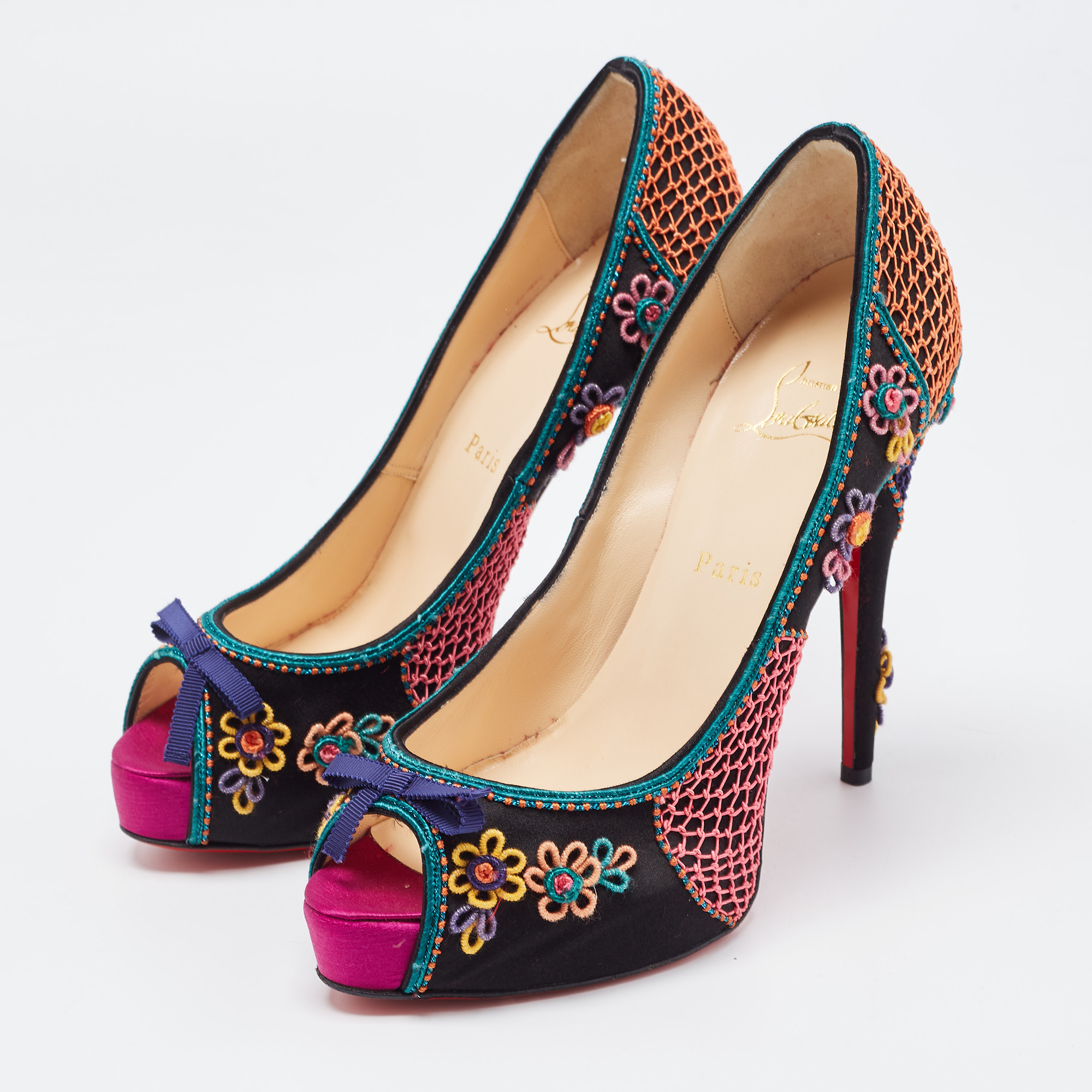 Christian Louboutin Multicolor Embellished Satin Bow Peep Toe Platform Pumps Size 40