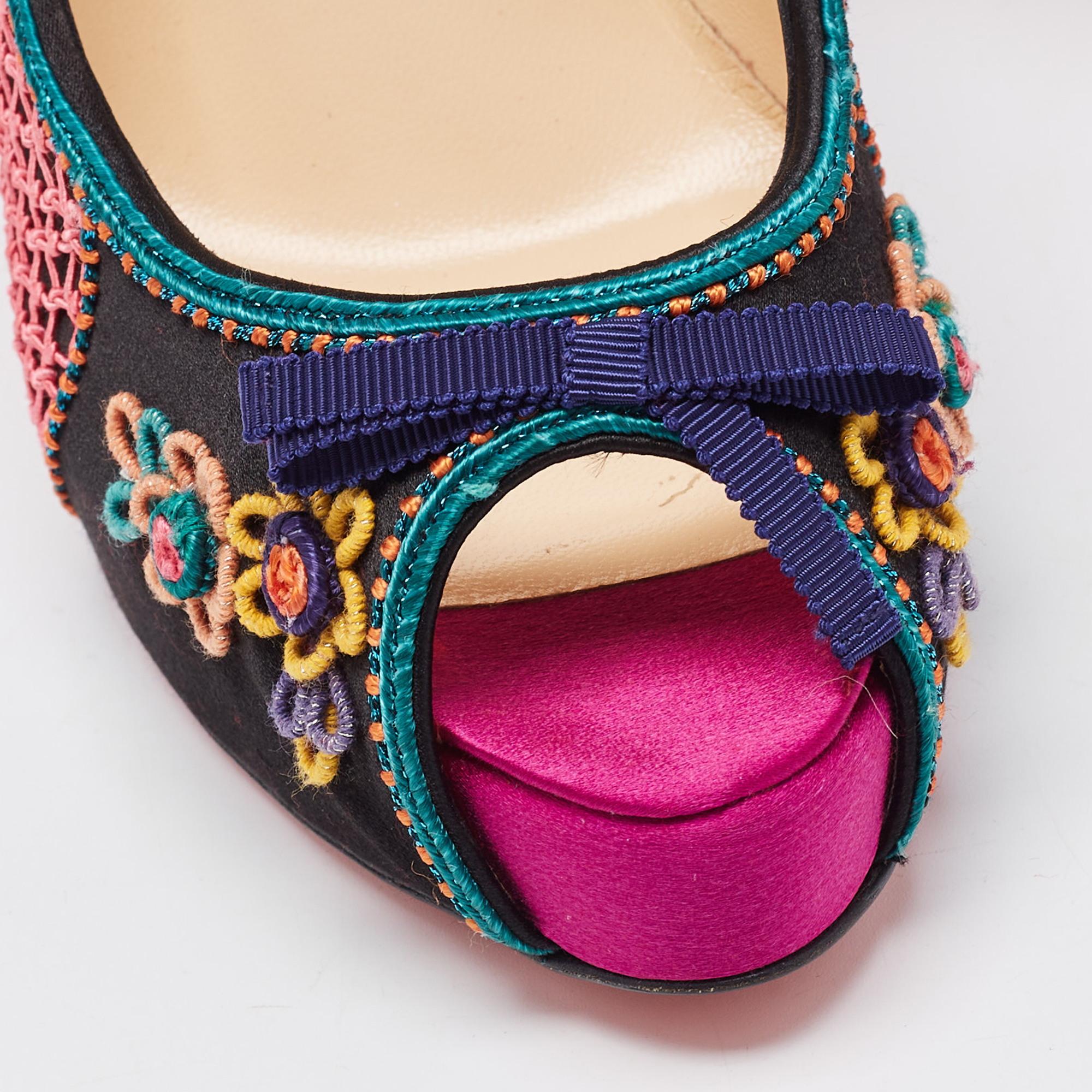 Christian Louboutin Multicolor Embellished Satin Bow Peep Toe Platform Pumps Size 40