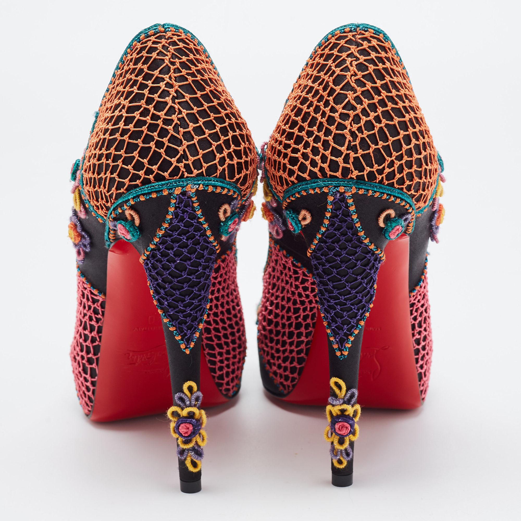 Christian Louboutin Multicolor Embellished Satin Bow Peep Toe Platform Pumps Size 40