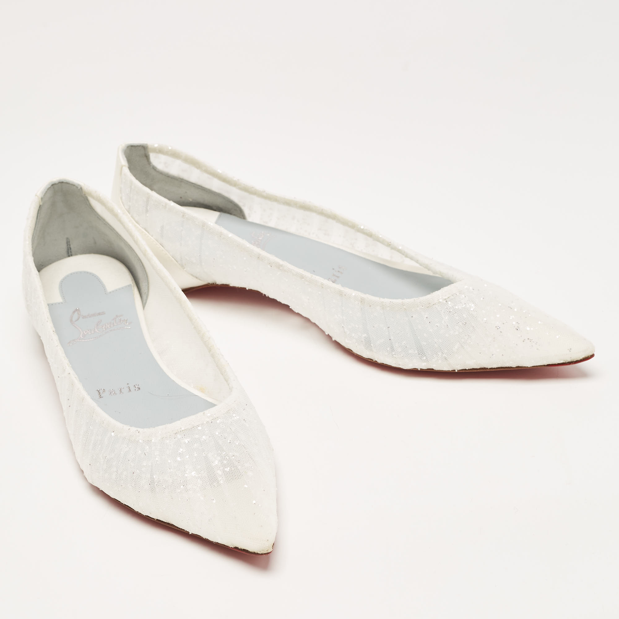 Christian Louboutin White Glitter Tulle Fabric And Satin Kate Ballet Flats Size 36.5